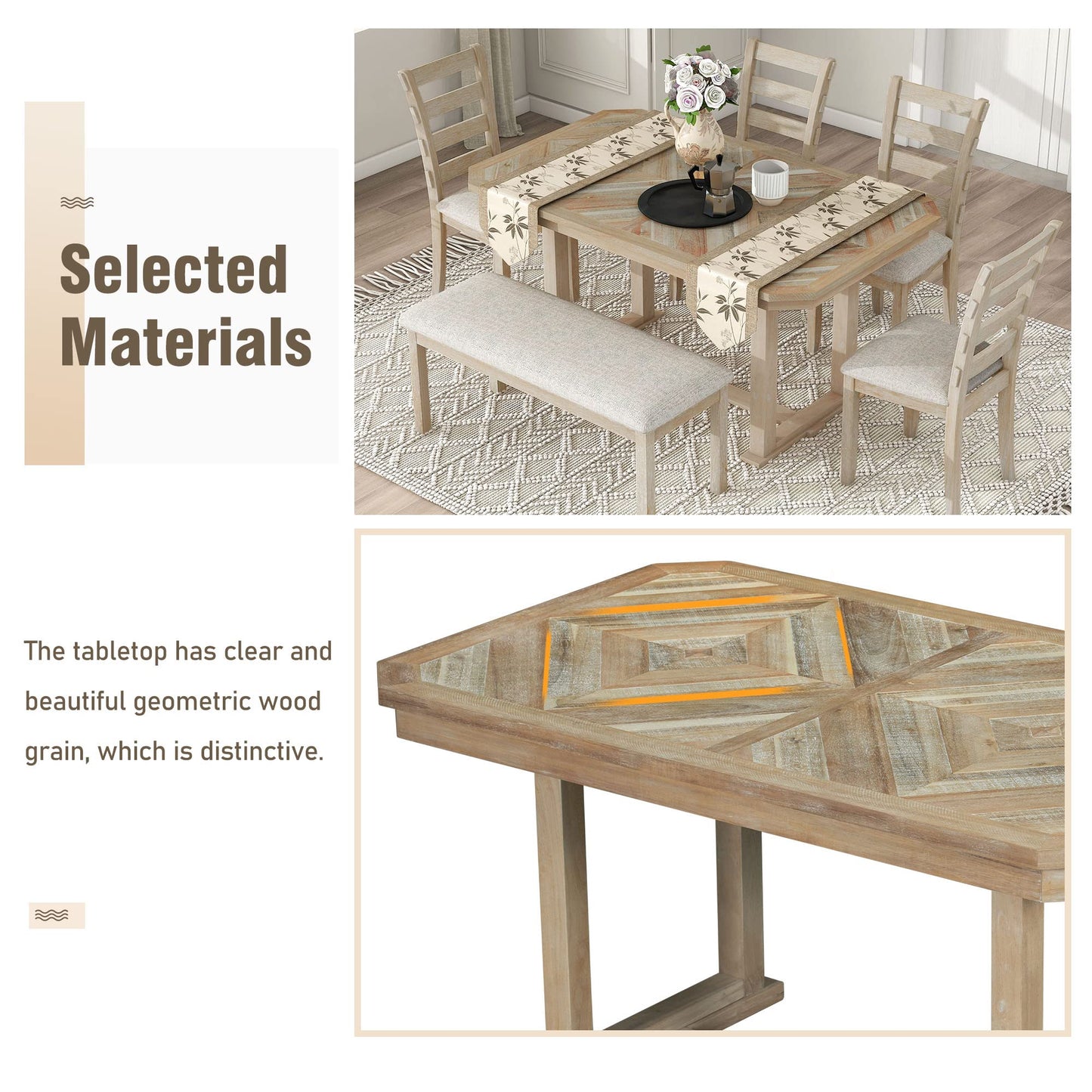 LUMISOL Wooden Kitchen Table with Chairs and Bench Set, 6 Piece Dining Room Table Set for 6, Wood Grane Tabletop and Upholstered Seating, MuddyNaturalWash