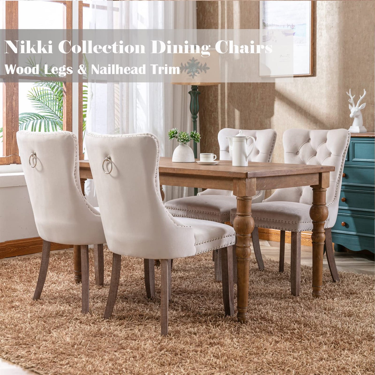 Beige Velvet Dining Chairs Set of 4, Upholstered Dining Room Chairs with Back Ring Pull Trim and Solid Wood Legs, Tufted Wingback Kitchen Chairs for Dining Room,Living Room,Kitchen(Beige)