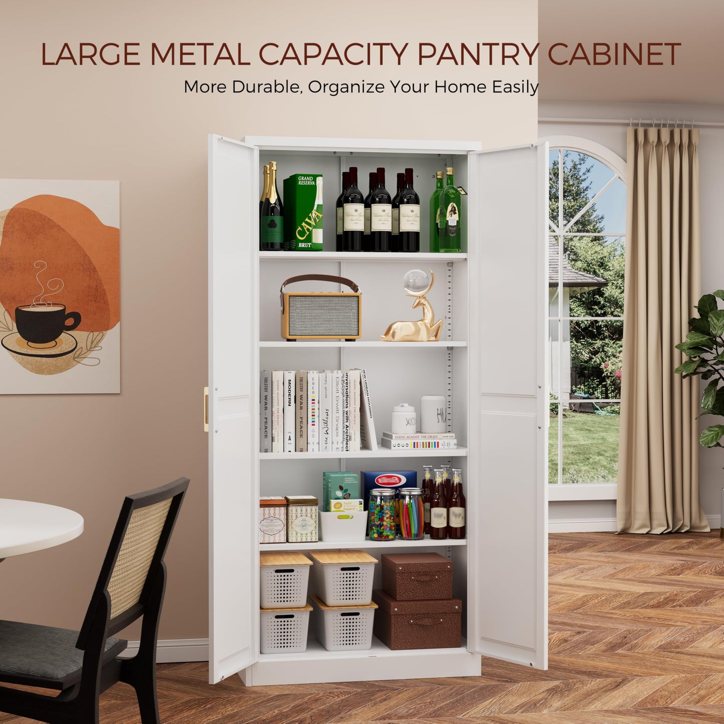 Kubohogar 71" Tall Metal Pantry Cabinet, White Kitchen Pantry Storage Cabinet with 4 Adjustable Shelves and Gold Handles, Cupboard for Kitchen, Dining Room, Living Room, Bathroom