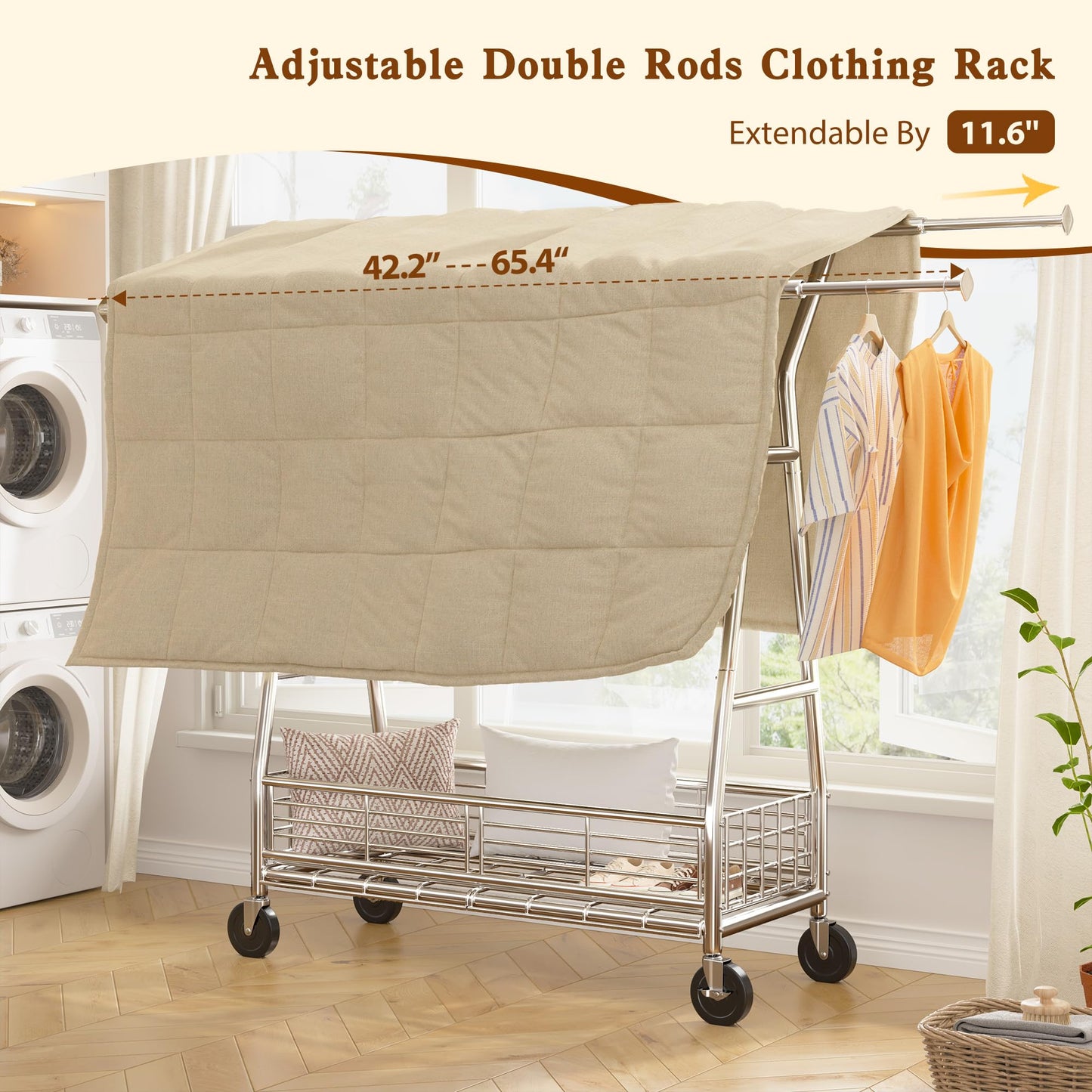 Raybee Heavy Duty Clothes Rack, 350LBS Clothing Rack with Sturdy Wheels and Shelves, Double Rods Clothing Racks for Hanging Clothes Commercial Portable Adjustable Garment Rack, Chrome