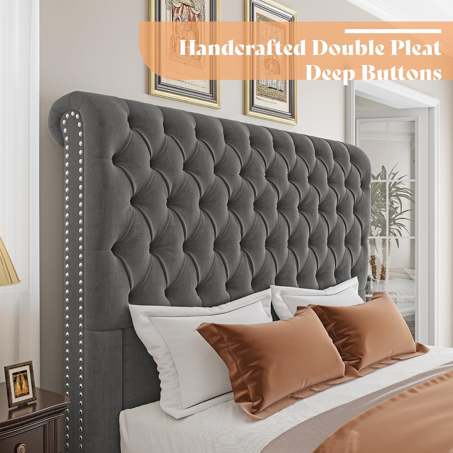 AMERLIFE King Size Bed Frame with 60" Tall Wingback Headboard, Velvet Upholstered Platform, Button Tufted Sleigh Design, No Box Spring Needed,Grey
