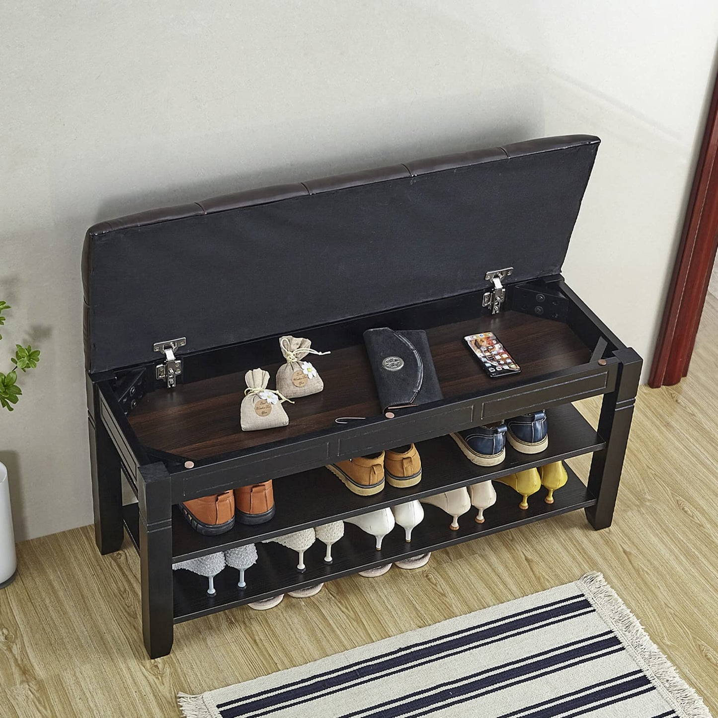 LEILISI Shoe Bench, Storage Rack Organizer with Cushion 2 Tier Lift Top Shoe Rack for Entryway Living Room Bedroom Hallway Wooden Furniture (Black, 39.4'')