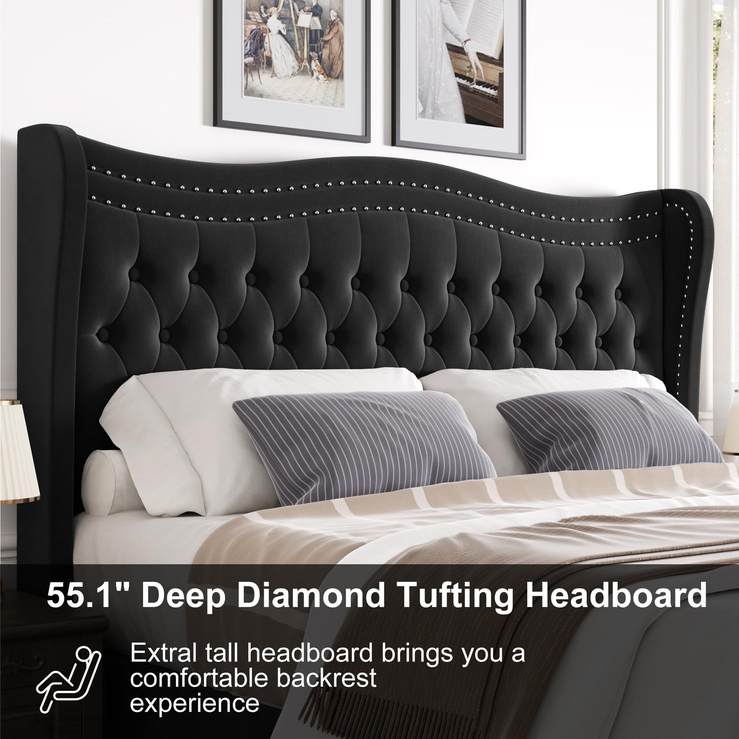 VINTLJUS Queen Bed Frame with Tall Headboard & Footboard, Velvet Upholstered Platform Bed Frame with Deep Button Tufted Wingback, No Box Spring Needed, Noise Free, Black