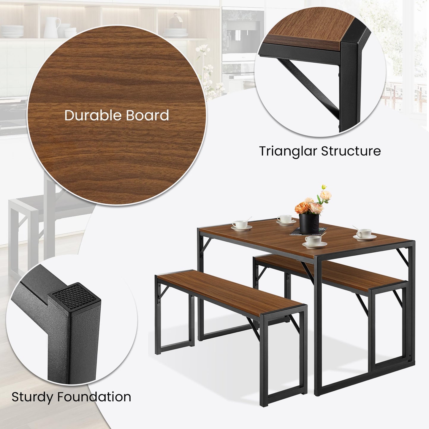 SHA CERLIN Kitchen Dining Table Set for 4 with Benches, Rustic Small Space Saving Dinette, Heavy Duty Metal Frame