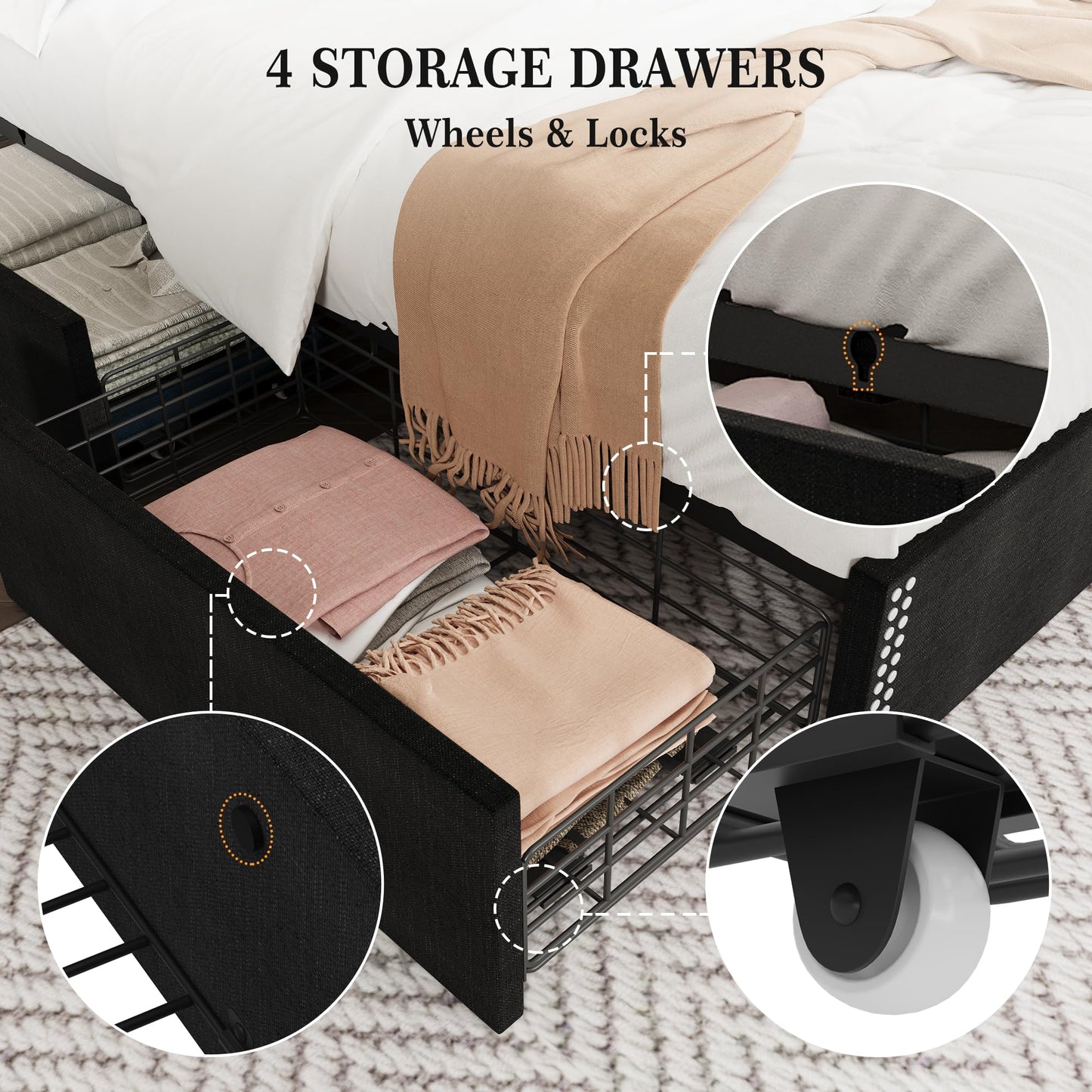 Reljofum Upholstered Queen Bed Frame with 4 Storage Drawers，Wingback Headboard with Charging Station, Diamond Stitched Button Tufted Design, No Box Spring Needed, Black