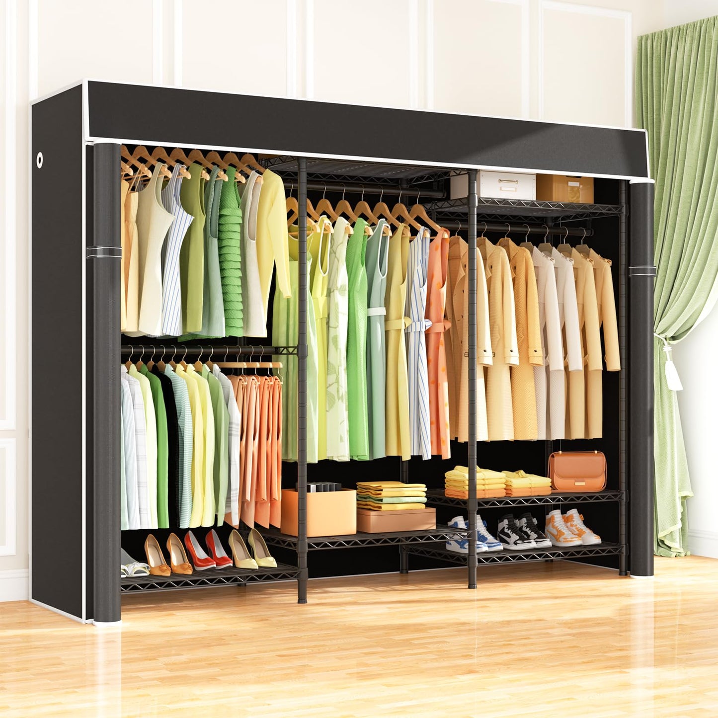 Ulif E13C Heavy Duty Closet Organizer System，Freestanding Clothing Racks for Hanging Clothes，Adjustable Garment Rack 63" W x 16" D x 77" H Hold 960 lbs，Black Clothing Rack with Black Dustproof Cover