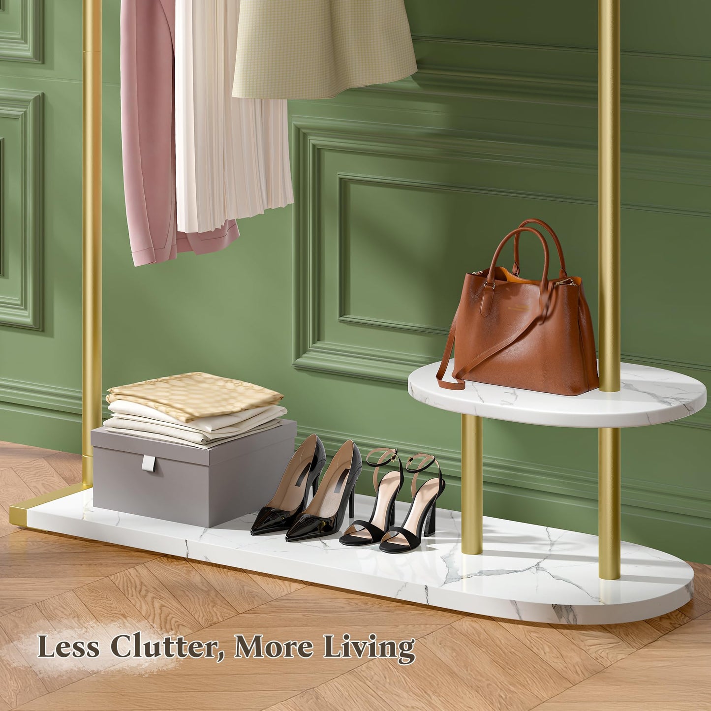 Raybee 67" H Gold Clothing Rack, Modern Coat Rack with Two-Tier Storage, Clothes Rack with a Display Stand for Boutique Store, Living Room, Bedroom