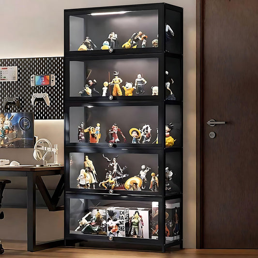 Curio Display Cabinet, 5-Tier Display Case with Acrylic Glass Doors, 67" Tall Transparent Bamboo Curio Display Shelf for Collectibles, Storage Cabinet for Playroom, Bedroom, Office, Living Room, Black
