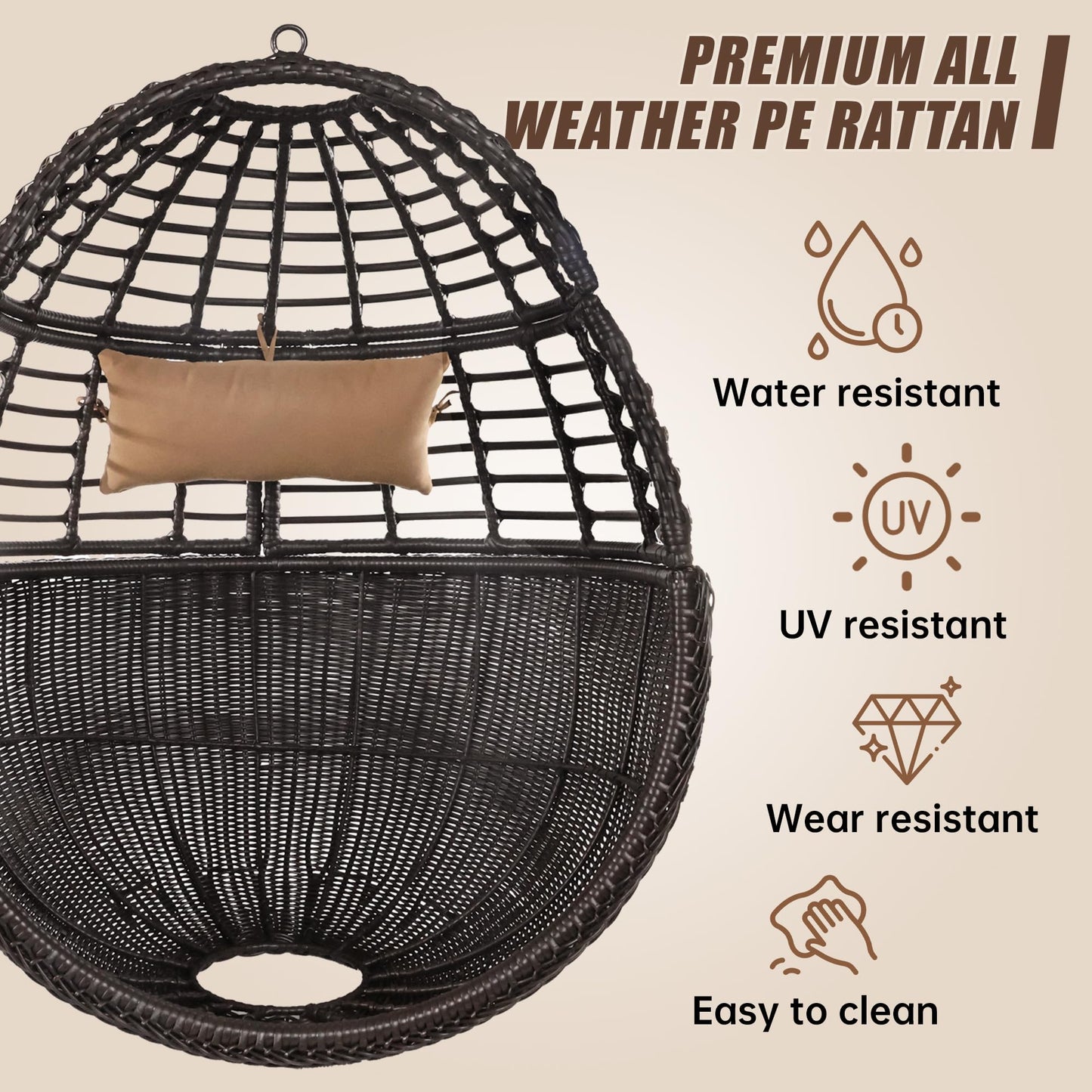 Erotr Egg Swing Hanging Chair with Stand, Outdoor Rattan Egg Hammock Chair with Cushion Pillow for Indoor Bedroom Patio Garden for 330lbs/150kg - Dark Brown