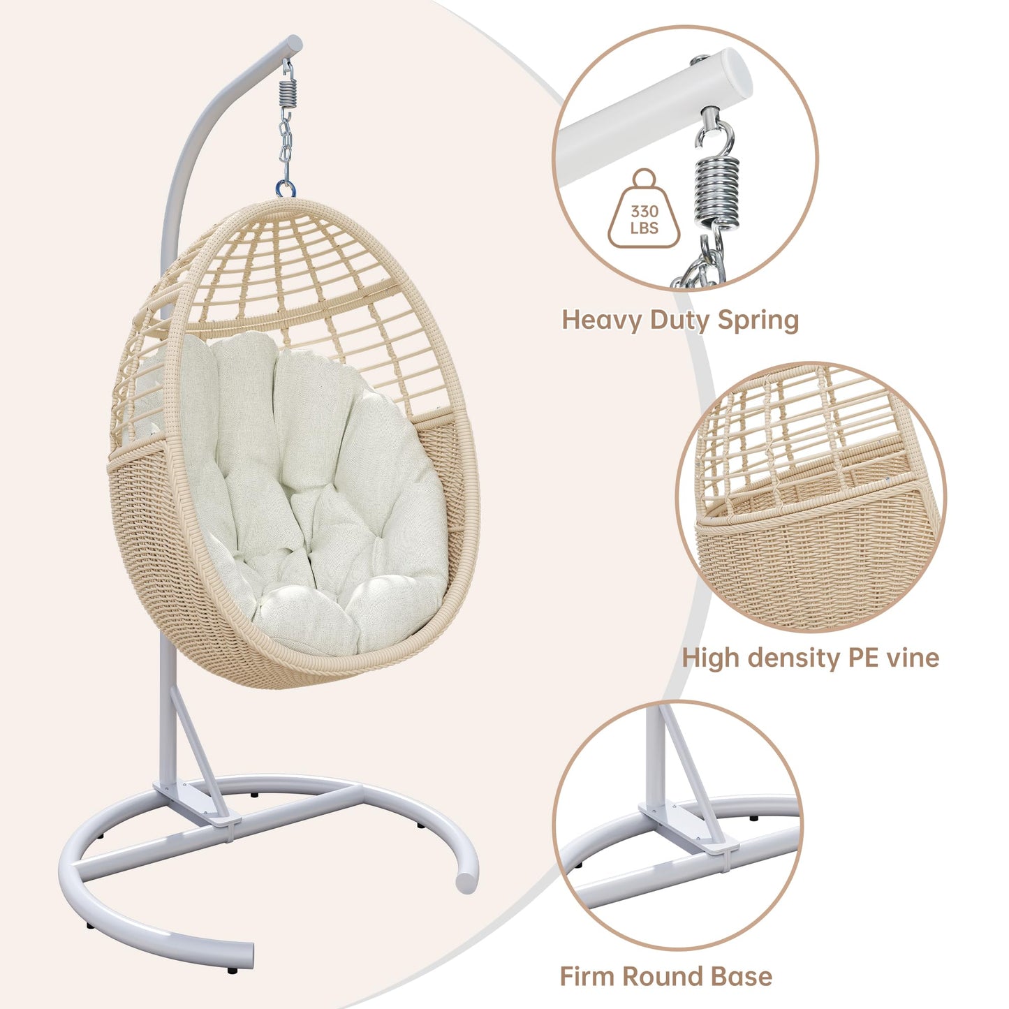 TWT Egg Swing Chair with Stand Hanging Egg Chair Outdoor - Rattan Wicker Patio Hanging Basket Chair Hammock Chair with Metal Frame and UV Resistant Cushion for Indoor Bedroom Balcony (Beige)