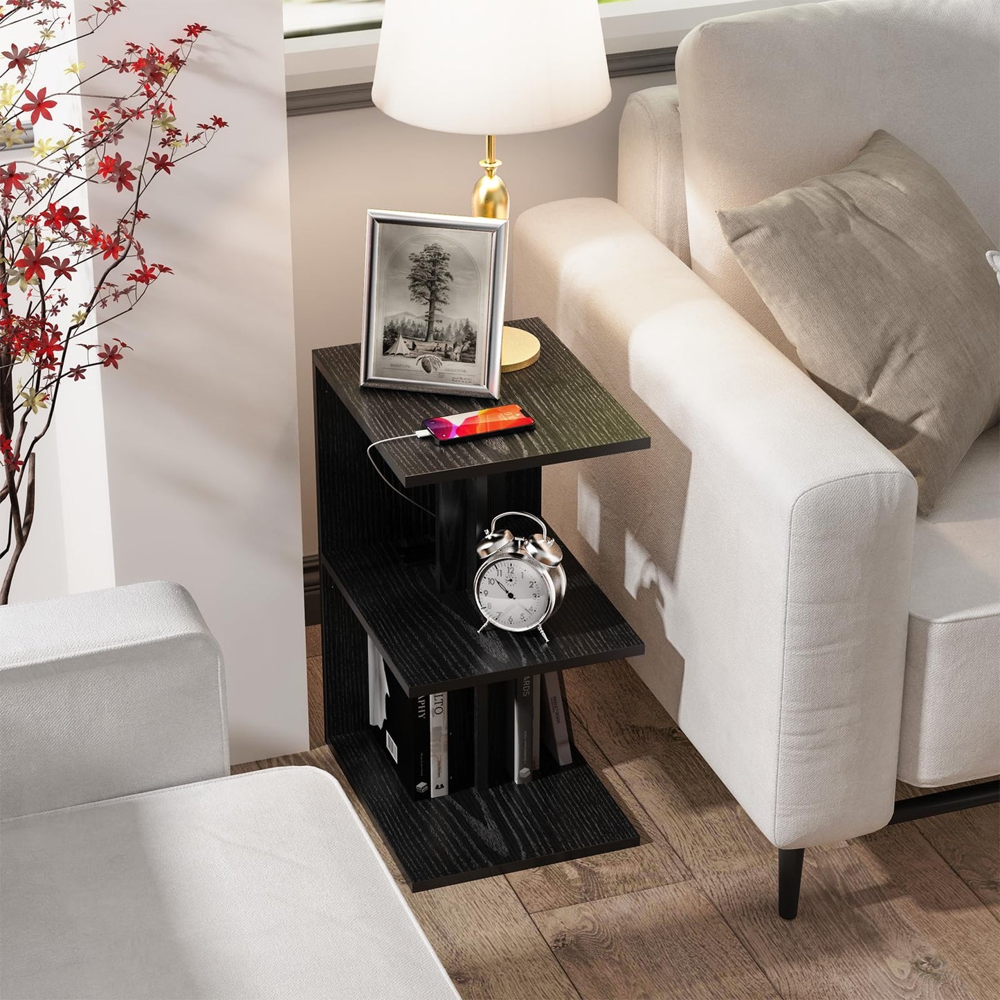 LOHDLE Set of 2 Side Table with Charging Station, 3 Tier Narrow Nightstand, End Table with USB Ports and Outlets for Small Spaces, Sofa Bedside Tables with Wheels for Living Room Bedroom(Black)