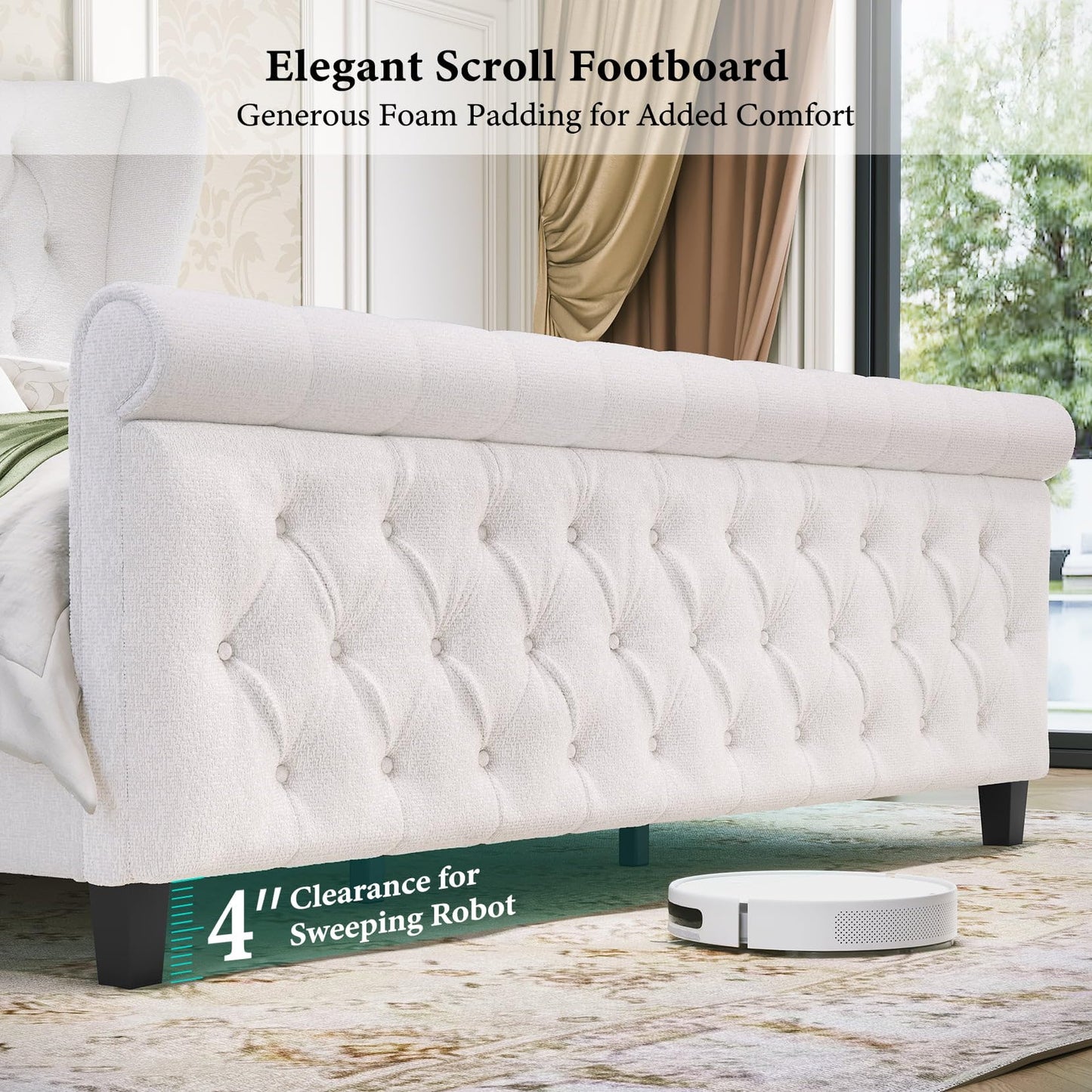 koorlian King Size Chenille Upholstered Bed Frame, Sleigh Platform Bed Frames with 51" Tall Wingback Headboard & 27" Scroll Footboard, Button Tufted/No Box Spring Required/Wood Slats Support/Cream