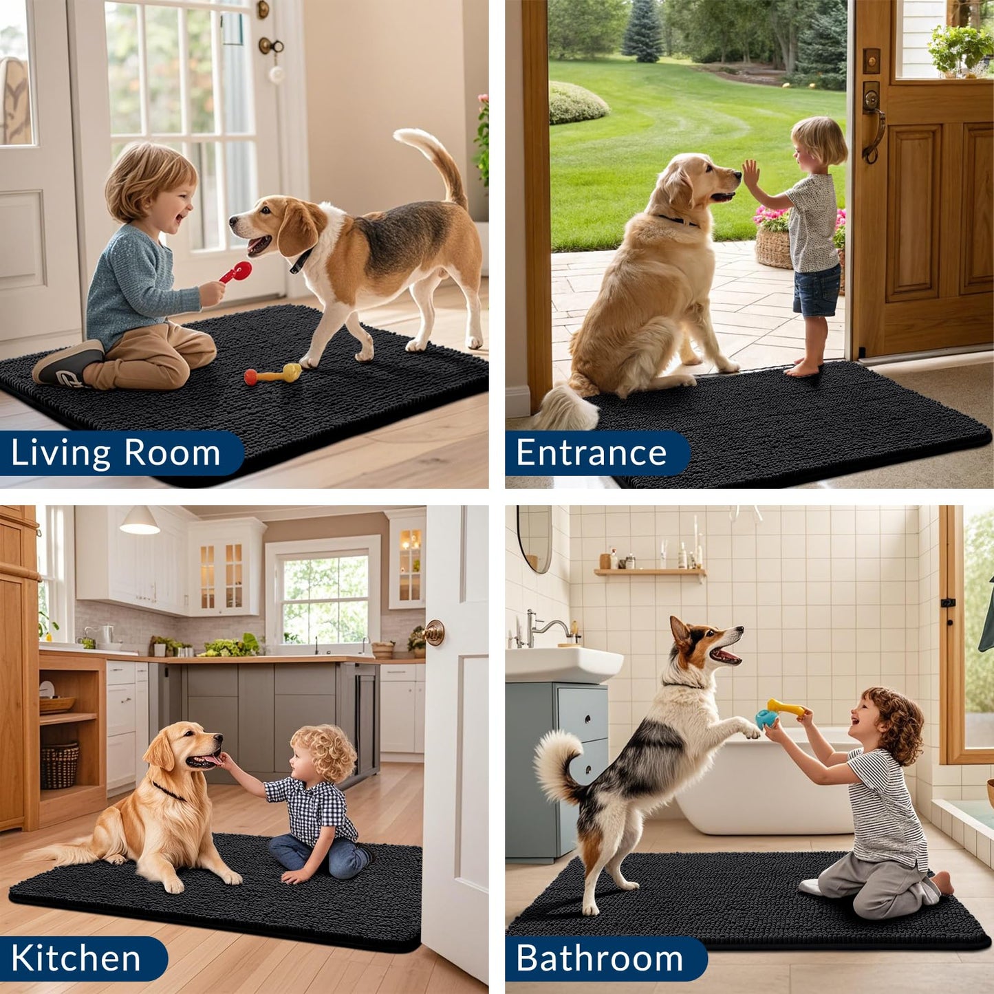 Smiry Dog Door Mat for Muddy Paws 59x24, Absorbs Moisture and Dirt Doormat, Non-Slip Washable Quick Dry Chenille Front Door Mat Indoor Entrance, Entryway Carpet for Inside Floor, Black