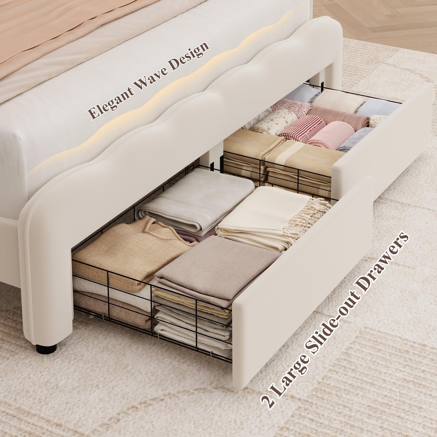 HOSTACK Queen Upholstered LED Bed Frame with Storage Drawers, Cute Girls Bed with Adjustable Lotus Headboard, Velvet Princess Platform Bed Frame, Wooden Slats Support, No Box Spring Needed, Cream