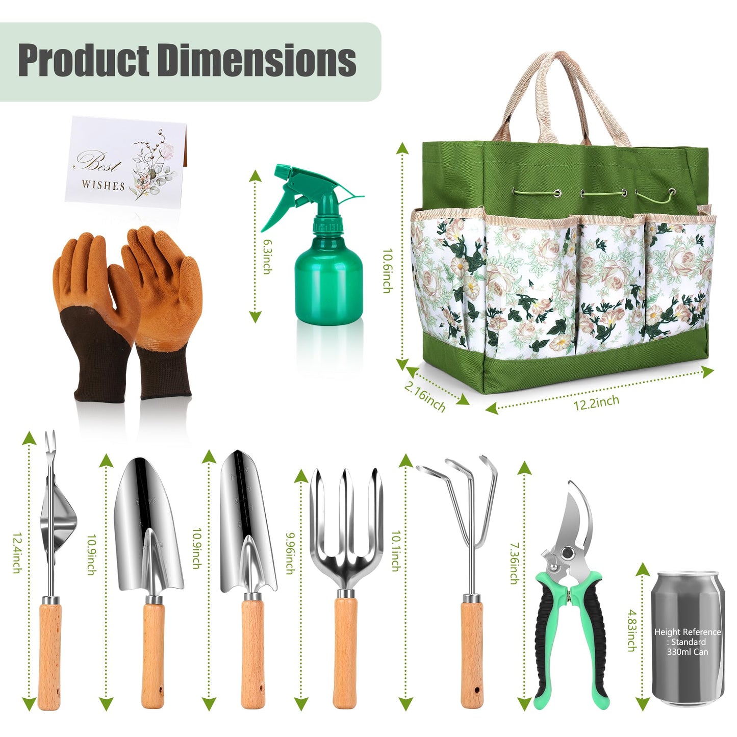 Garden Tools Set 10-Piece, Heavy Duty Stainless Steel Garden Hand Tools with Floral Tote Bag - Rust-Proof Garden Tools for Gardening, Gardening Gifts for Women Mom