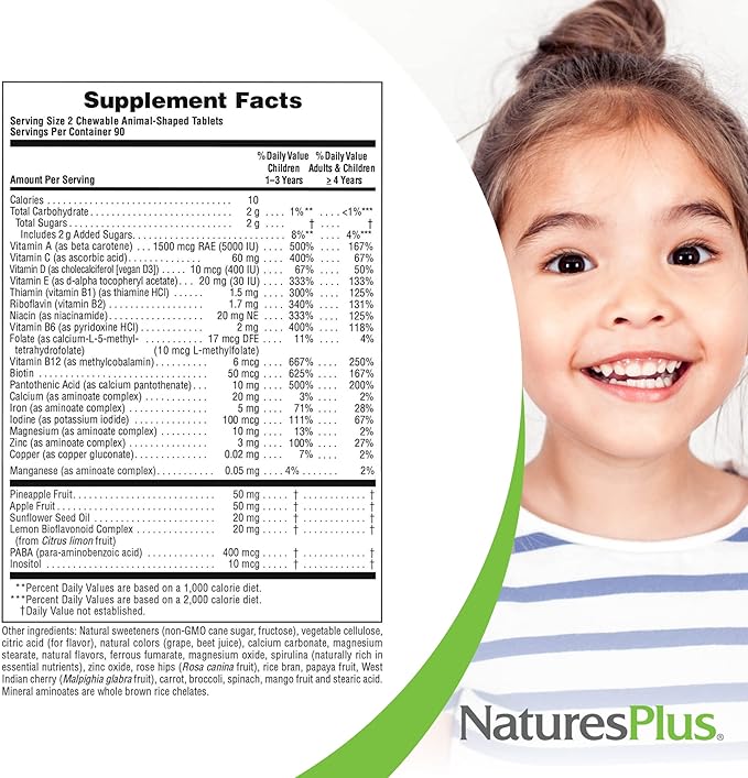 NaturesPlus Animal Parade Children's Chewable Multivitamin - Grape Flavor - 180 Animal-Shaped Tablets - Promotes Health & Well-Being - Vegetarian, Gluten Free - 90 Servings