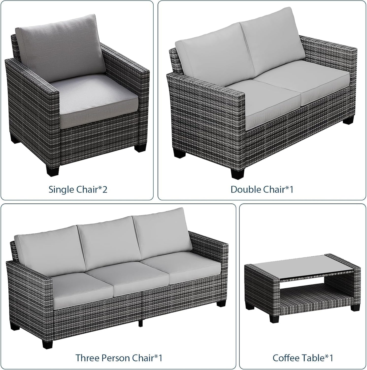 GAOMON 5 Piece Outdoor Patio Furniture Sets, Wicker Conversation Set for Porch Deck, Gray Rattan Sofa Chair with Blue Cushion, Brown