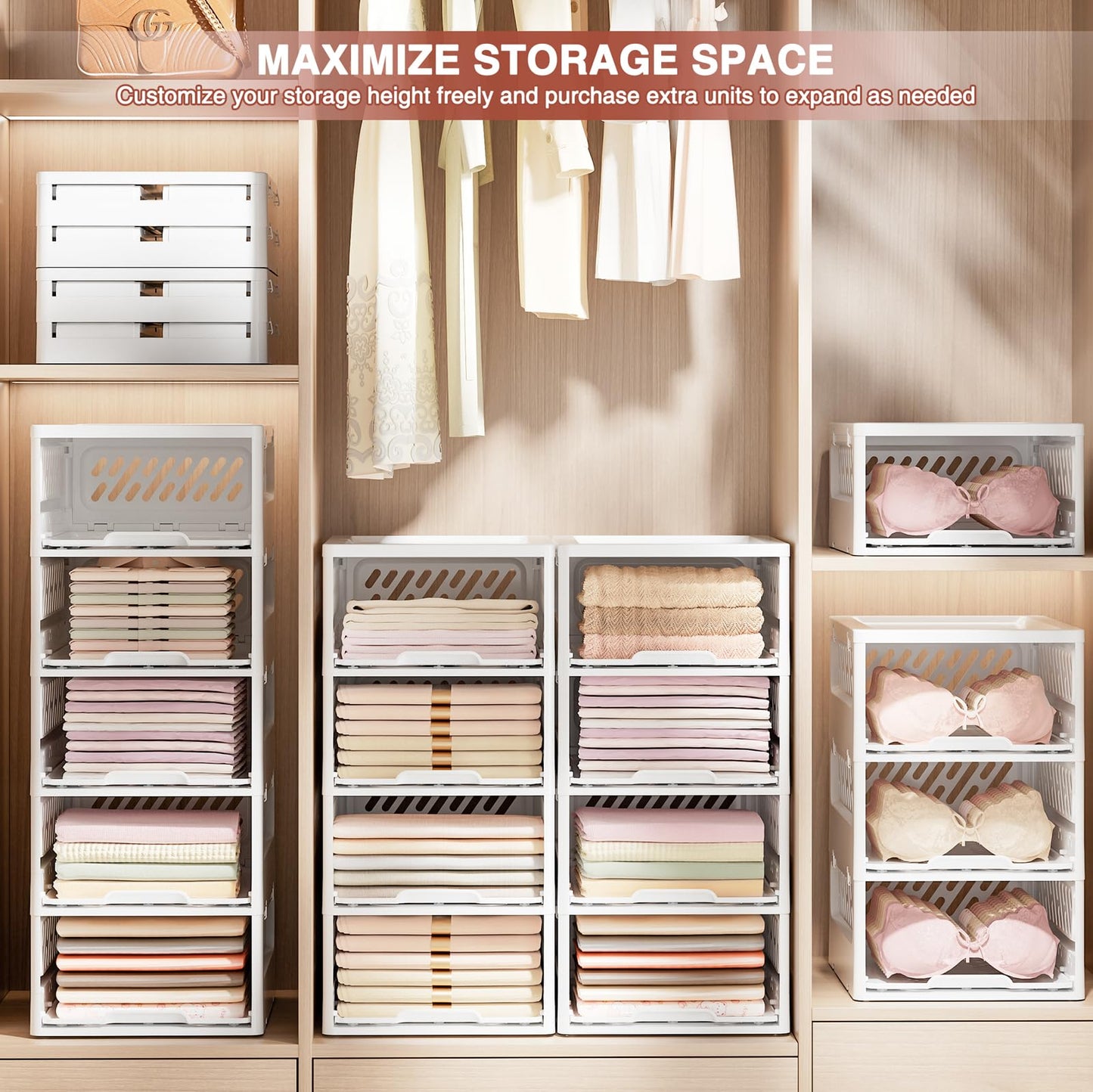 HYBRIDEAS Stackable Closet Organizer Box with lid Plastic Drawer Storage for Armoire and Wardrobe, Foldable Clothes and Towel Storage Basket Bins for Kitchen, Bedroom, Bathroom, Laundry Room, Clothing