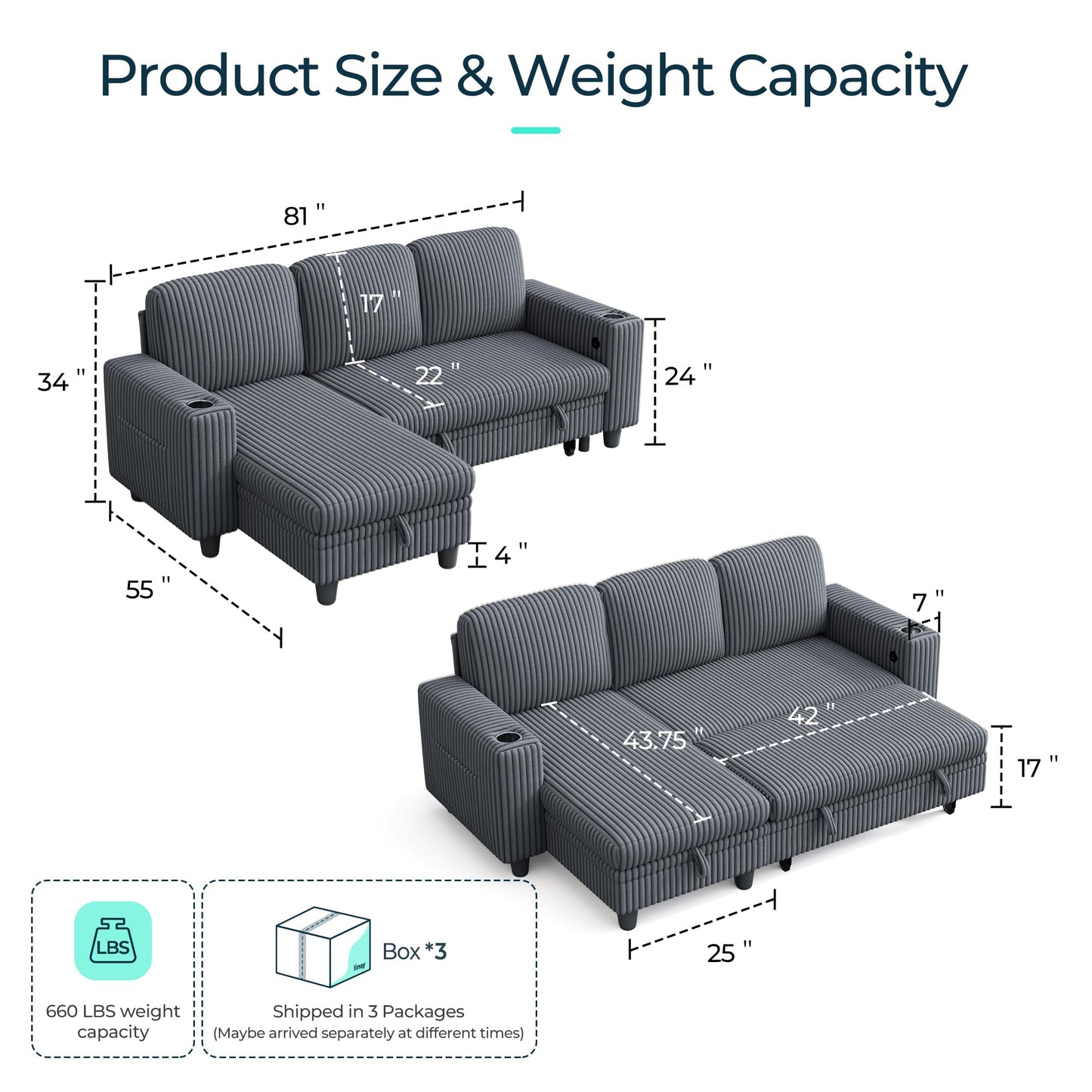 LINSY HOME Sectional Sleeper Sofa with Pull Out Couch Bed Convertible Plush Corduroy Cloud Couch with Storage Chaise & USB Charging, Comfy L Shaped Modular Couches for Living Room Apartment (Grey)