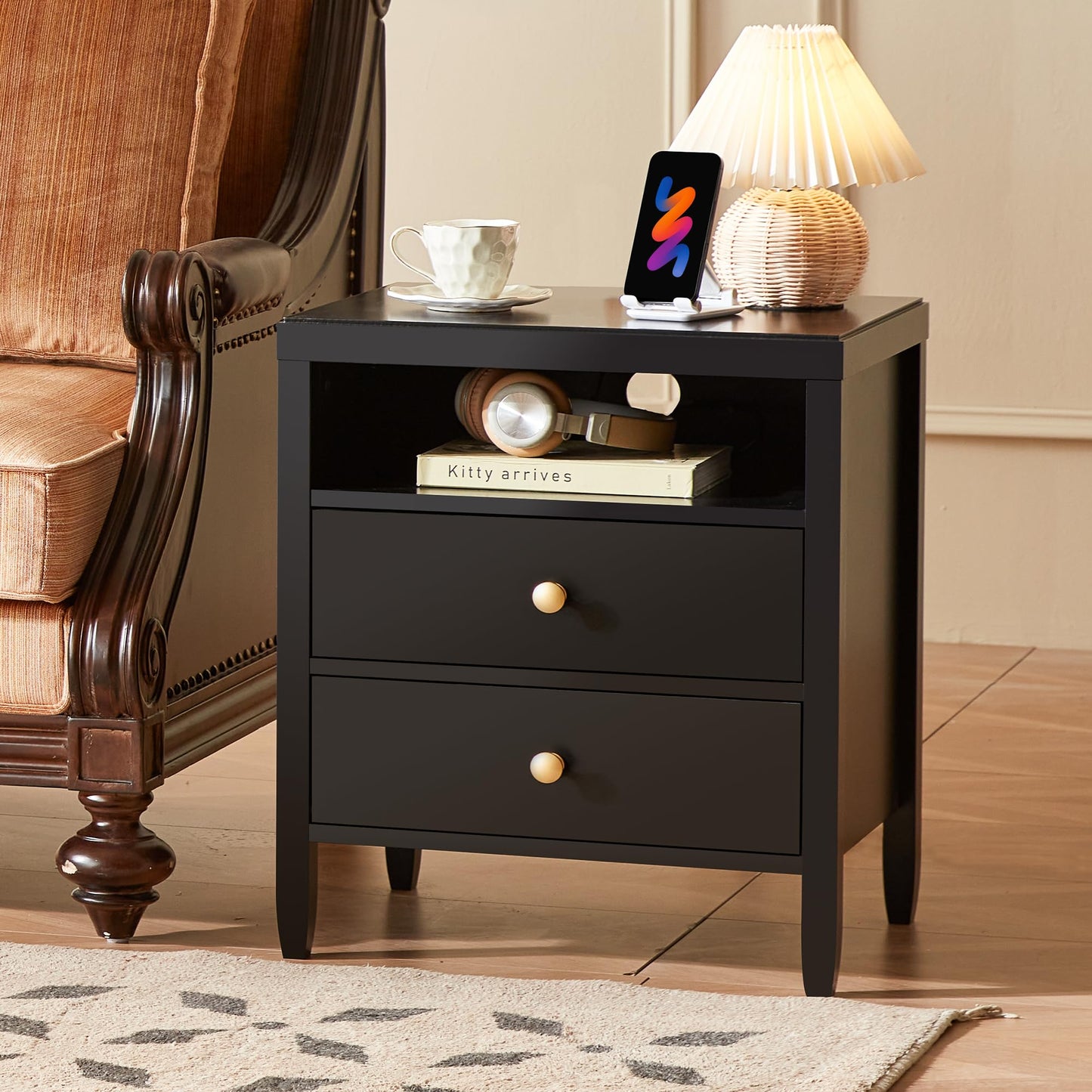 Huuger Black Nightstand with 2 Drawers, Bed Side Table for Bedroom, Modern Night Stand, Bedside Table with Storage, Metal Knobs, Painted Surface