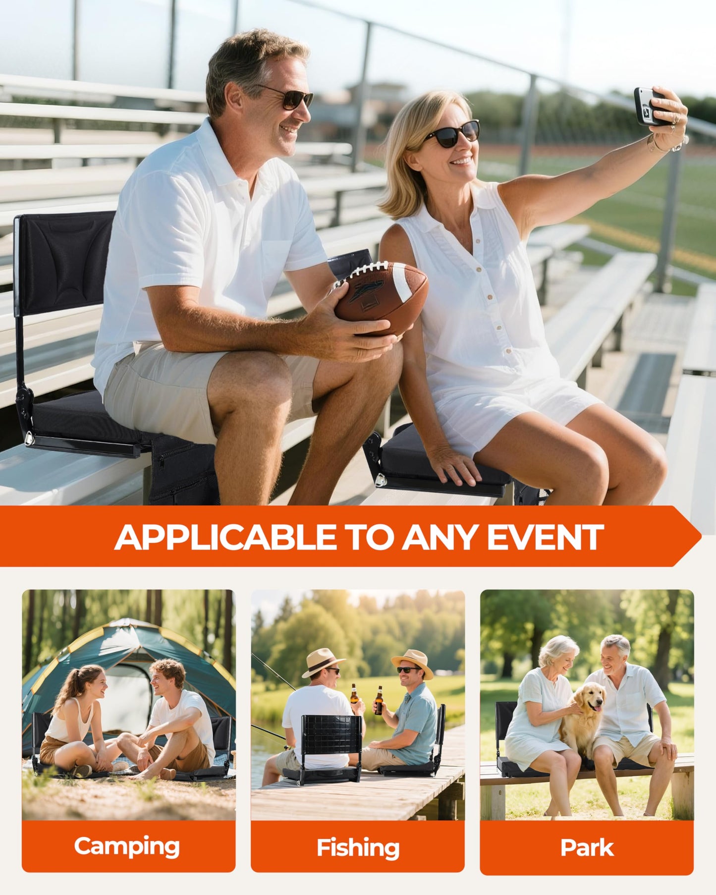 Sportneer Stadium Seats with Back Support: Height Adjustable Thick Padded Stadium Seats with Pocket, Shoulder Strap, Carry Handle, Cup Holder, Folding Stadium Chair for Sports Events Concerts Outdoor