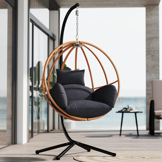 DAYARUS Egg Swing Chair with Stand, Metal Hanging Egg Chair with Cushions, Heavy Duty 400LBS Imitation Wicker Egg Chairs Outdoor, 80" H Hanging Chairs Cozy Basket Seat for Bedroom/Balcony, Charcoal
