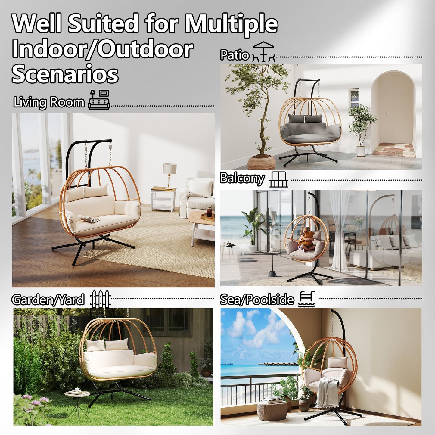 DAYARUS Hanging Chair with Stand, Imitation Rattan Egg Cahir Outdoor, Hanging Egg Chair with Stasnd, 80" High Egg Swing Chairs Indoor, All Weather Balcony Basket Swing Chairs for Balcony, Khaki