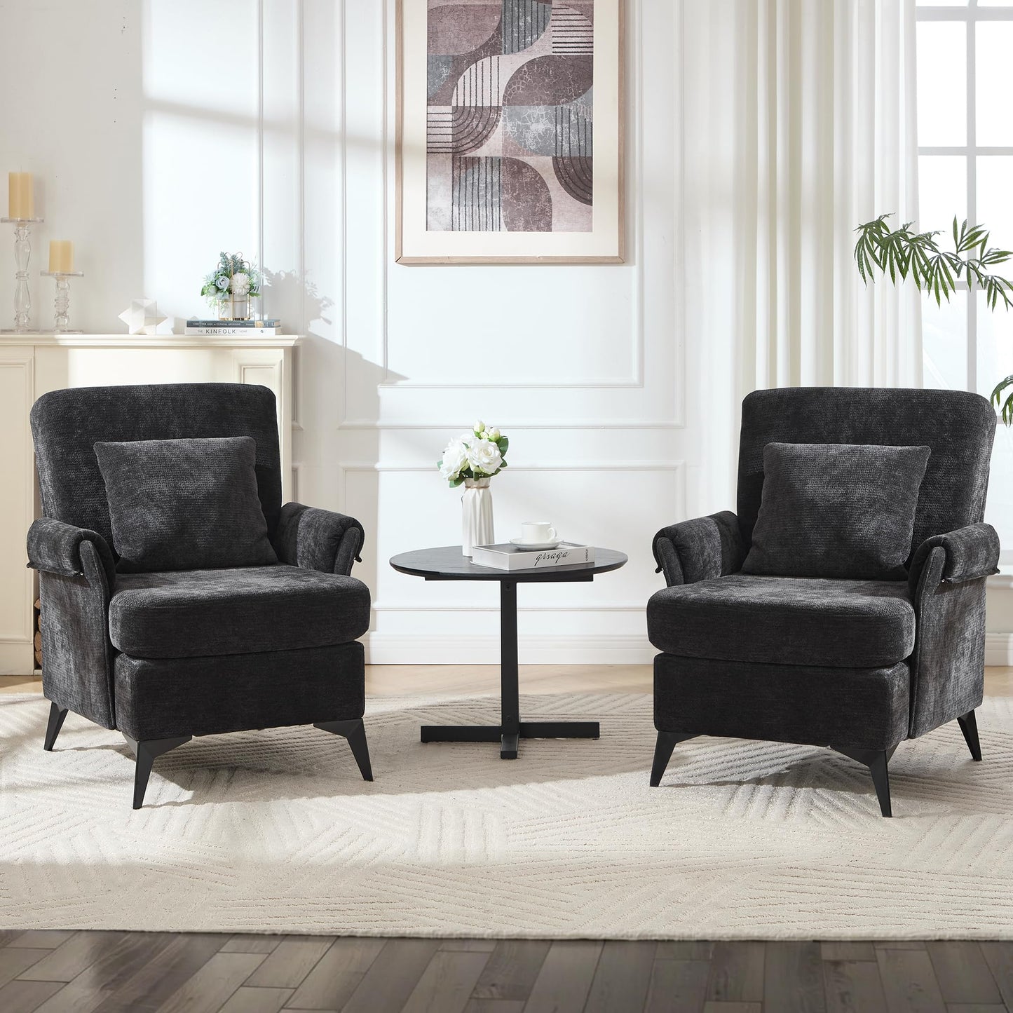 KCC Mid-Century Accent Chairs Set of 2,Chenille Modern Upholstered Living Room Chair,Cozy Armchair with Back for Bedroom/Office/Cafe,Black