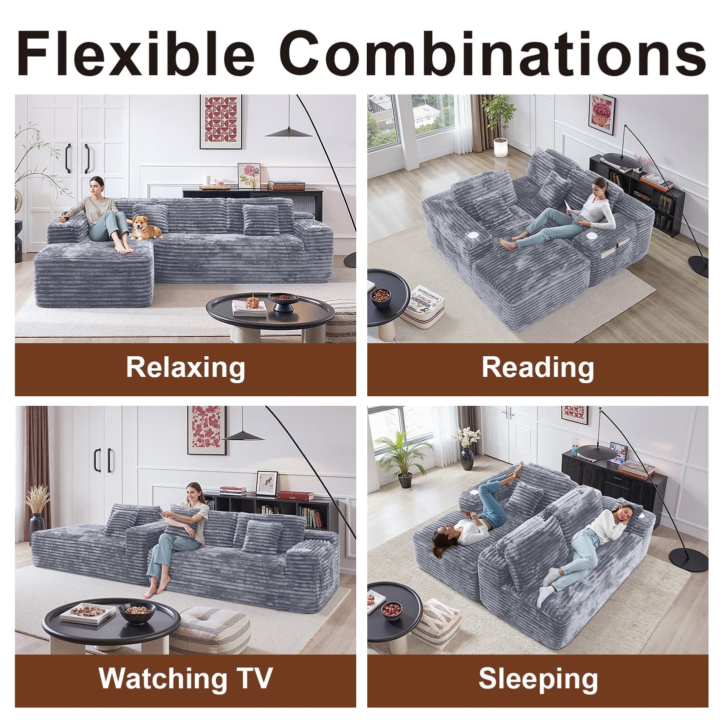Cloud Sectional Couch with L-Shape Chaise, Modern Modular Sofa with Deep Seat, Built-in Cup Holder & Storage Pocket for Living Room Bedroom, No Assembly Required (Light Gray, Right Facing Chaise)