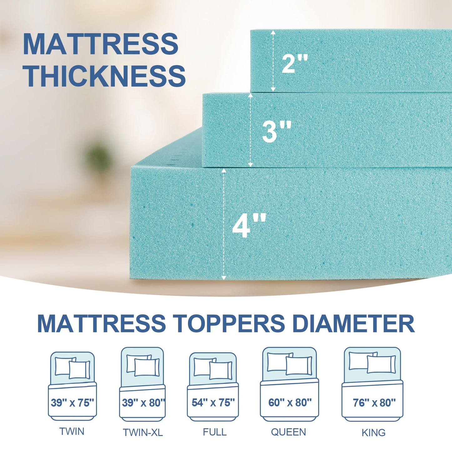 Eiayeebil 2 Inch Memory Foam Mattress Topper Queen, Mattress Pad Gel Infused Foam Bed Topper, Ventilated Soft Blue,Queen Size