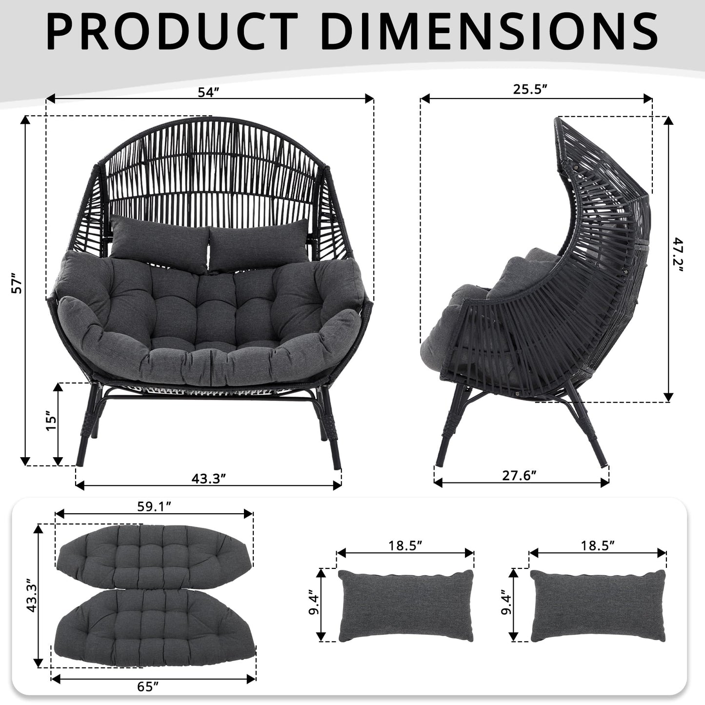 IRONCK Double Egg Chair Outdoor, 2 Person Wicker Lounge Chair, Oversized Thickened Padded Cushions and Headrests, 680 Lbs Egg Loveseat for Indoor, Patio, Living Room, Porch, Balcony, Dark Grey