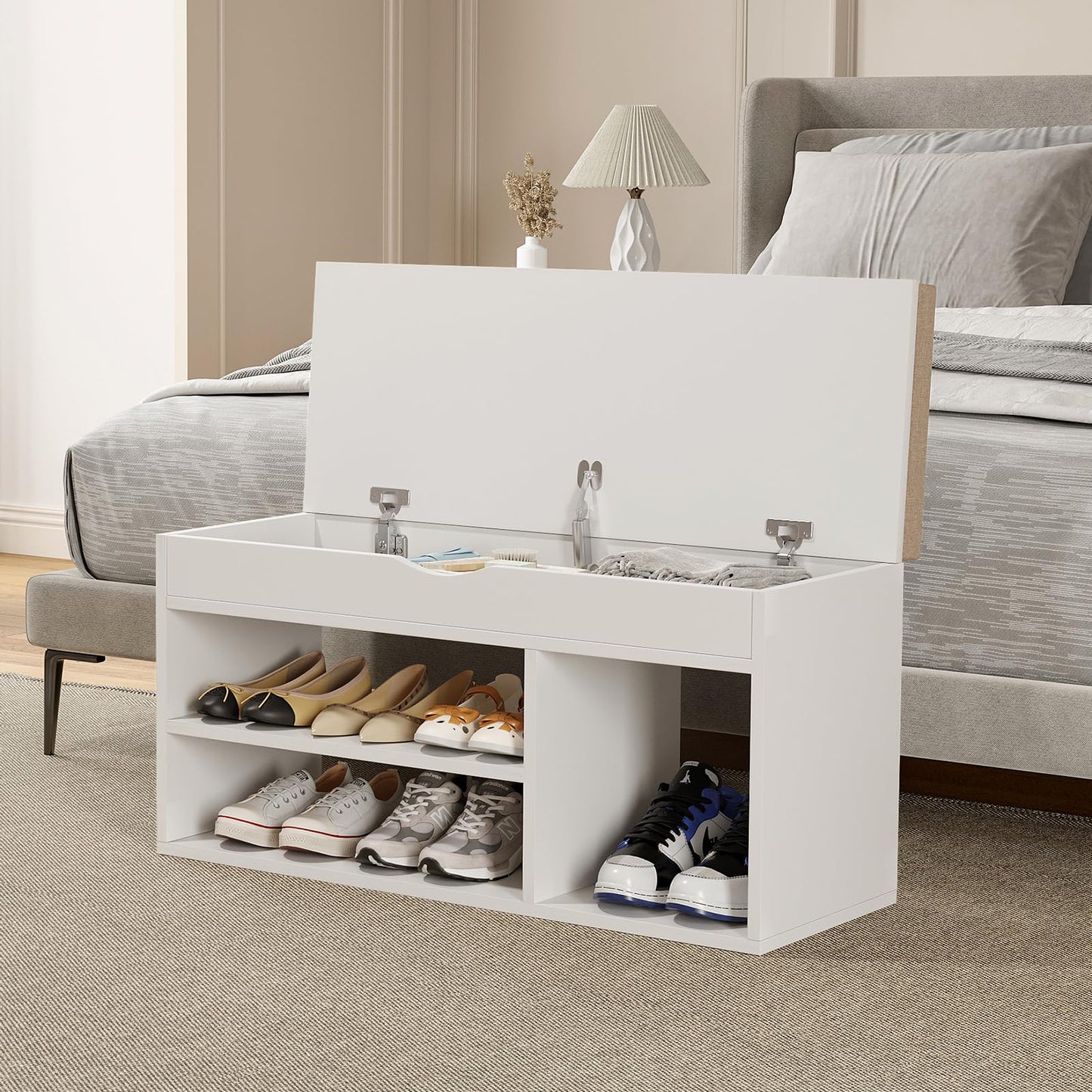 Apicizon 31 Inches Storage Bench, Shoe Bench with Flip Top Storage Space and Padded Cushion, Wooden Entryway Bench for Entryway, Living Room, 2-Tier Shoe Rack Organizer, White