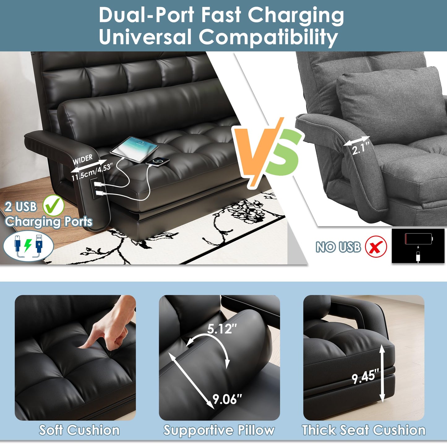 STHOUYN 6-Position Floor Couch Convertible Sleeper Sofa with USB, Black Leather Love Seat Sleeper Bed Small Space, Lounge Folding Sofa Bed with Pillow, Comfy Couch for Bedroom Living Room (Black)