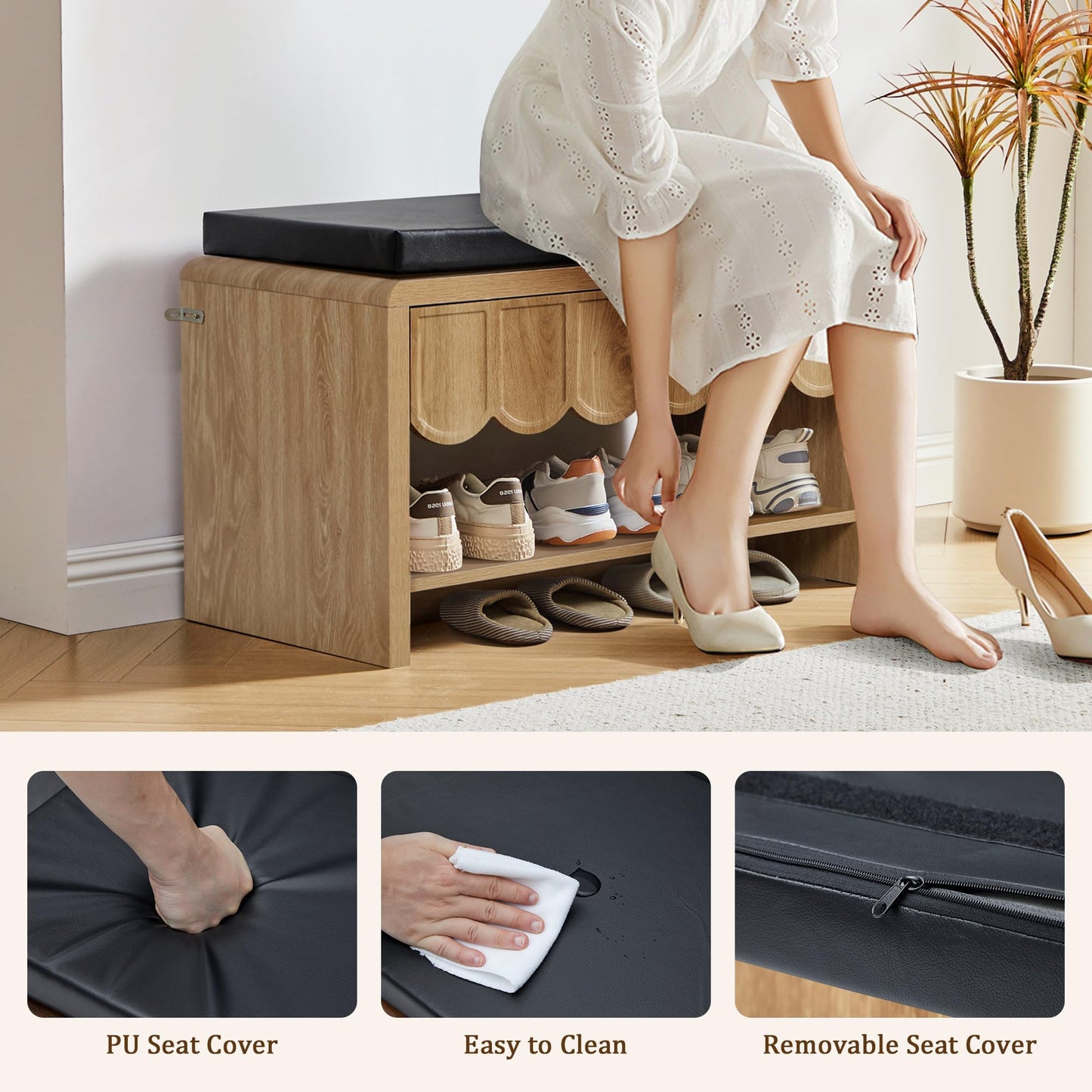 Shoe Storage Bench with Cushion, Shoe Rack Organizer Cabinet Bench with Wave Panel Drawer and Open Shelf for Entryway, Hallway, Living Room (Natural)