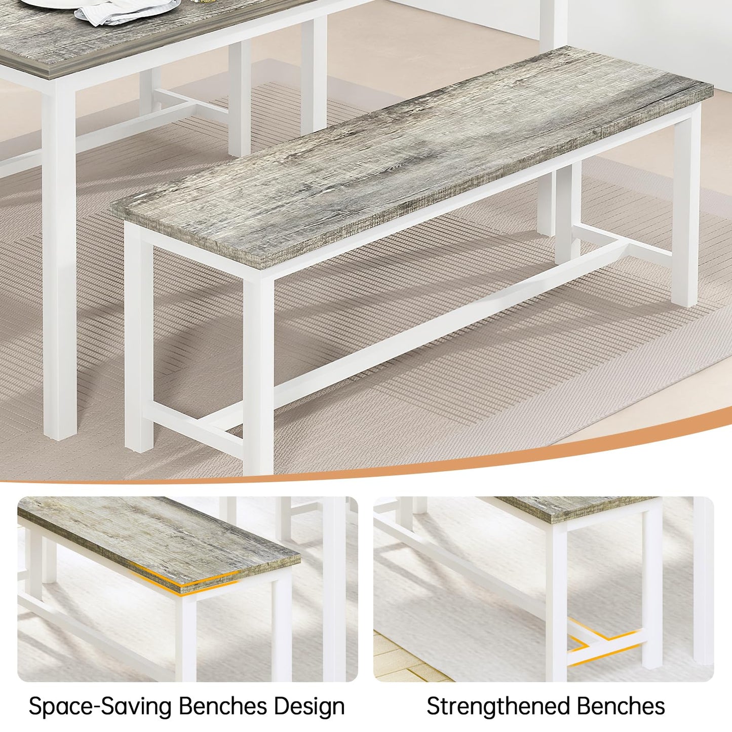 LinkRomat Dining Room Table Set with 2 Benches Dining Table Set for 4, Farmhouse Breakfast Table Set for Small Spaces, Apartment (Grey & White)