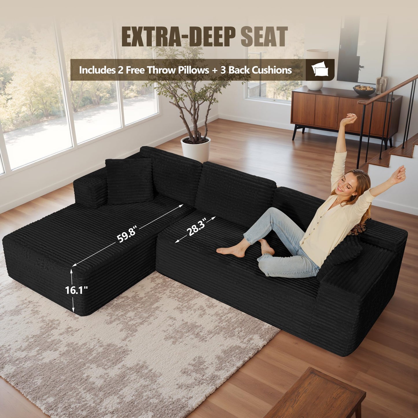 SaniCosi 108" Cloud Sectional Couch Sofa with L-Shape Chaise, Modern Modular Sofa Couch with Deep Seat, Upholstered Couches for Living Room Bedroom, No Assembly Required (Black)