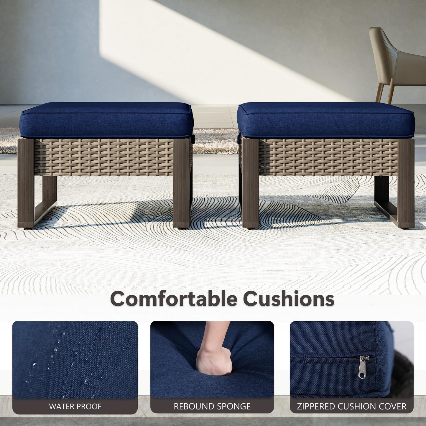 MaxMulti Patio Ottomans Set of 2, Outdoor Wicker Footrest with Thickened Cushions, Multipurpose Metal Patio Furniture for Outdoor, Backyard and Deck Use (Blue)