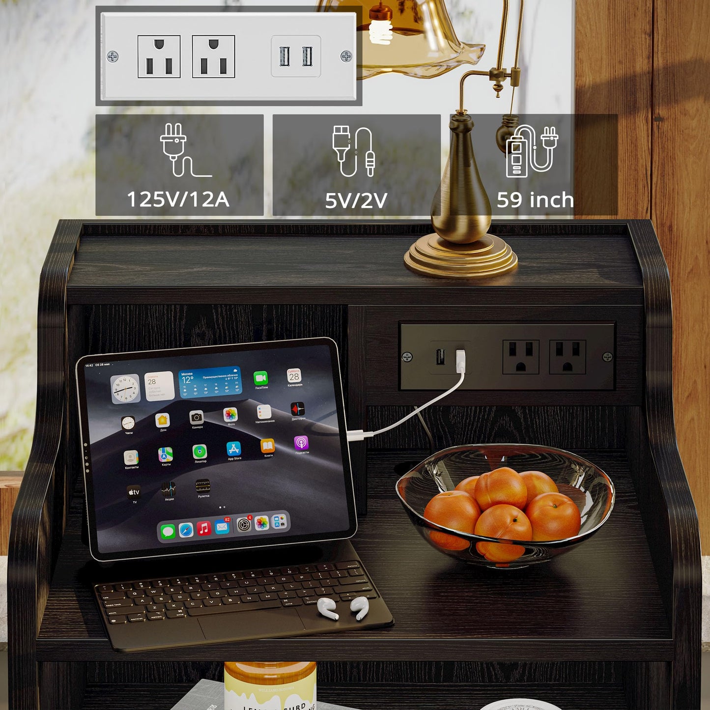 LIKIMIO Black Nightstand with LED Charging Station 2 Drawers and Storage Shelves, Left and Right Interchangeable Sockets Bed Side Table Night Stand with Drawer
