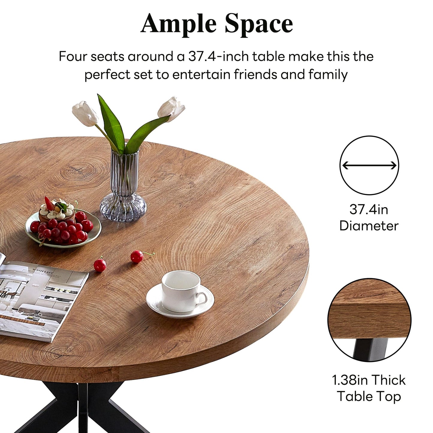 NORDICANA 5-Piece Dining Table Set for 4 - Space Saving 37-Inch Round Table and Chairs, 4 Seaters Dining Set with Upholstered Dining Chairs (Forest Green)