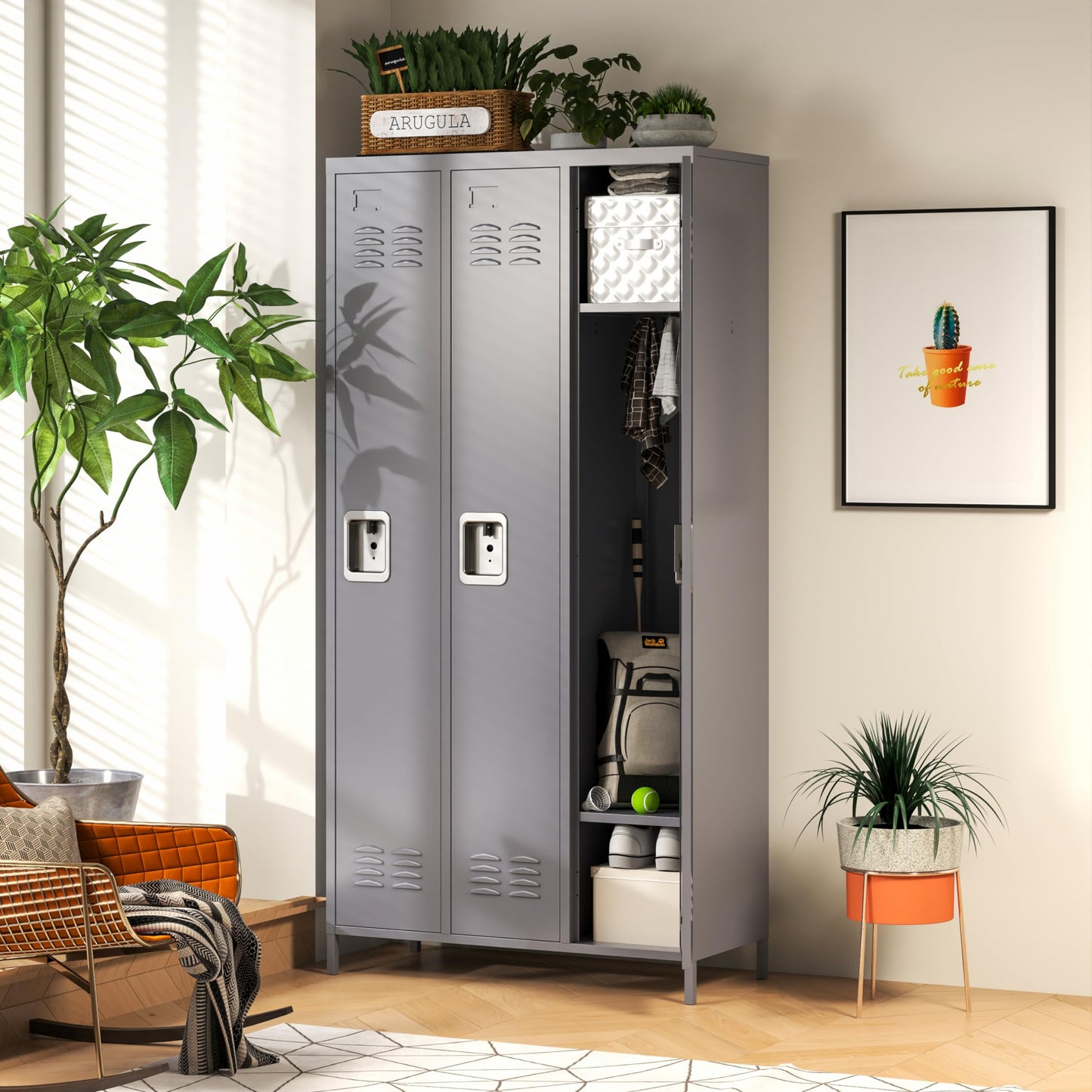 IKIMI Metal Locker 3 Doors Storage Lockers for Employee,72" Tall Locker with Shelves and Hooks Steel Sports Locker for Office School Office Gym Home Garage