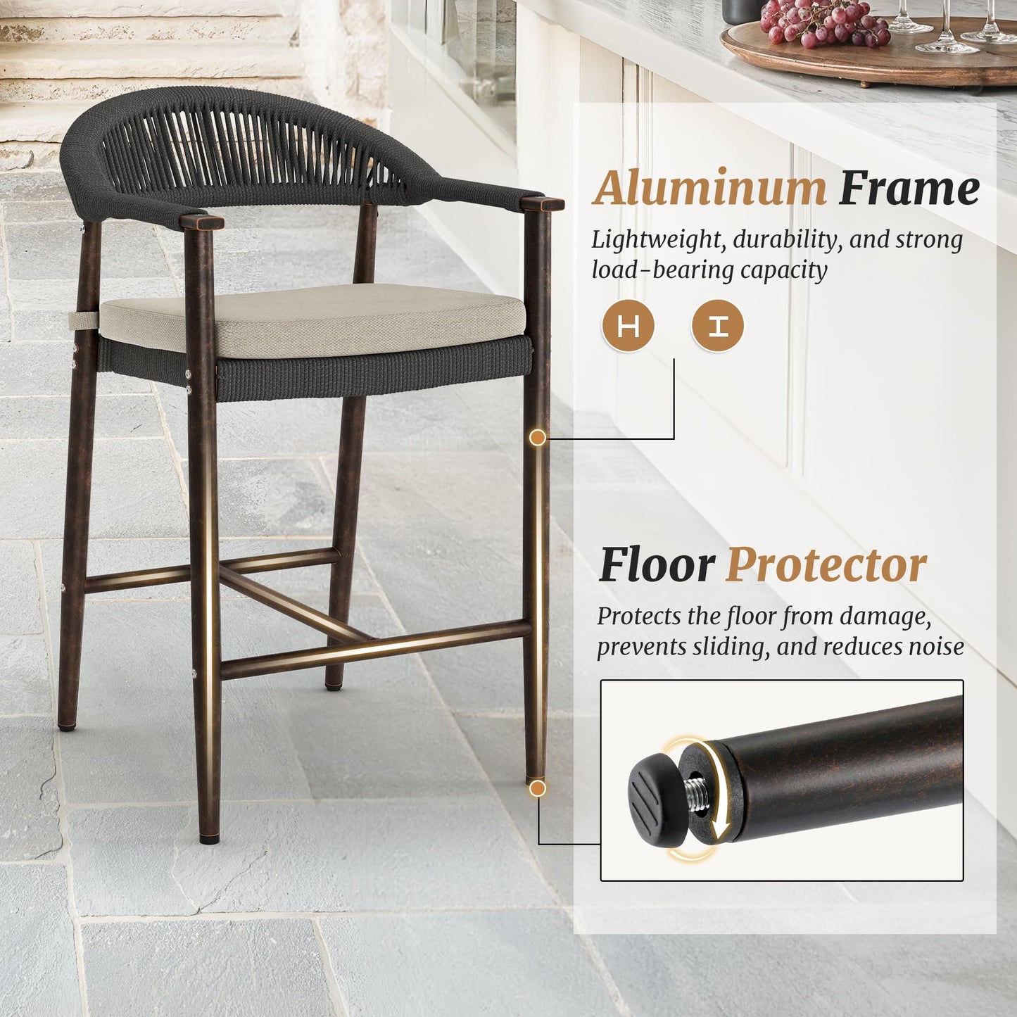 Cozyman Bar Stools Set of 4, 24.8'' Aluminum Outdoor Bar Stool with Removable Cushion, Boho Rattan BarStools, Olefin Rope Woven Bar Chairs with Footrest for Patio, Garden, Pool, Kitchen, Black