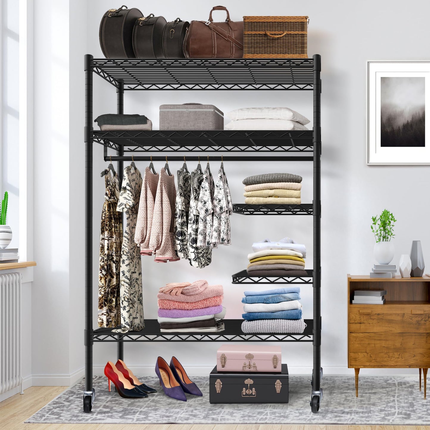 JS HOME Heavy Duty Garment Rack, Free-Standing Rolling Clothes Rack with Fitted Grey Oxford Cover, Extra Large Wardrobe Storage Rack/Organizer