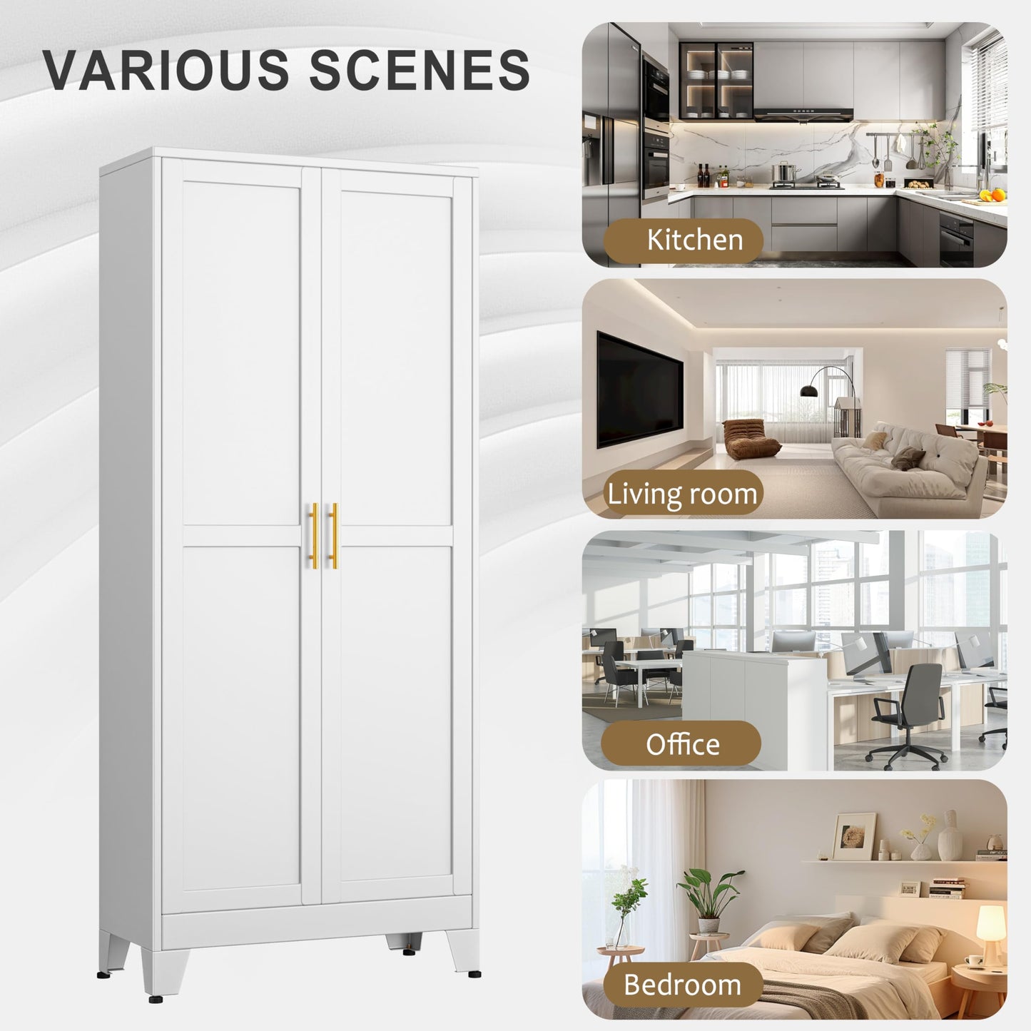pozdeg 75” Tall Pantry Cabinet, Metal Kitchen Storage Cabinet with 2 Doors and 5 Adjustable Shelves, White Storage Cabinet Cupboard for Kitchen, Dining Room, Living Room and Bathroom (White)