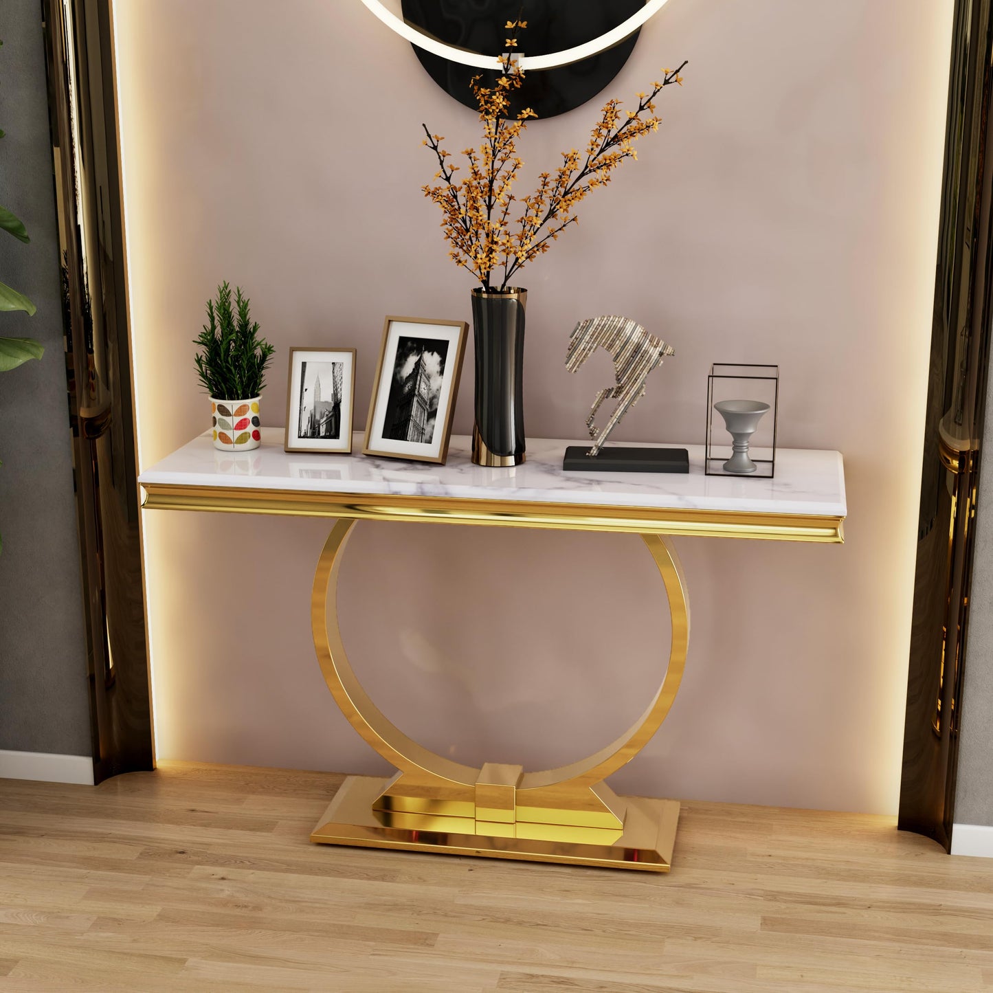 Asday Gold Console Table, 50 Inch Glam White and Gold Entryway Table with U-Shaped Base, Polished Gold Entrance Table with White Top for Entryway, Hallway, Foyer