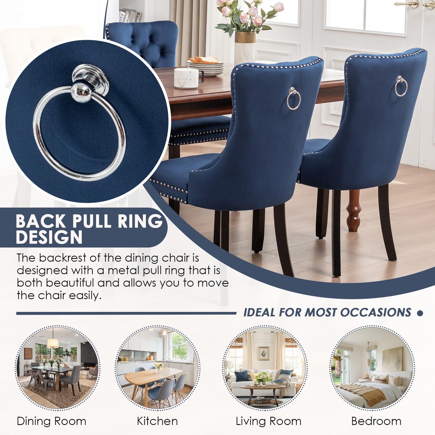 Kiztir Velvet Dining Chairs Set of 6, Upholstered Dining Room Chairs with Ring Pull Trim and Button Back, Luxury Tufted Dining Chairs for Living Room, Bedroom, Kitchen (Blue)