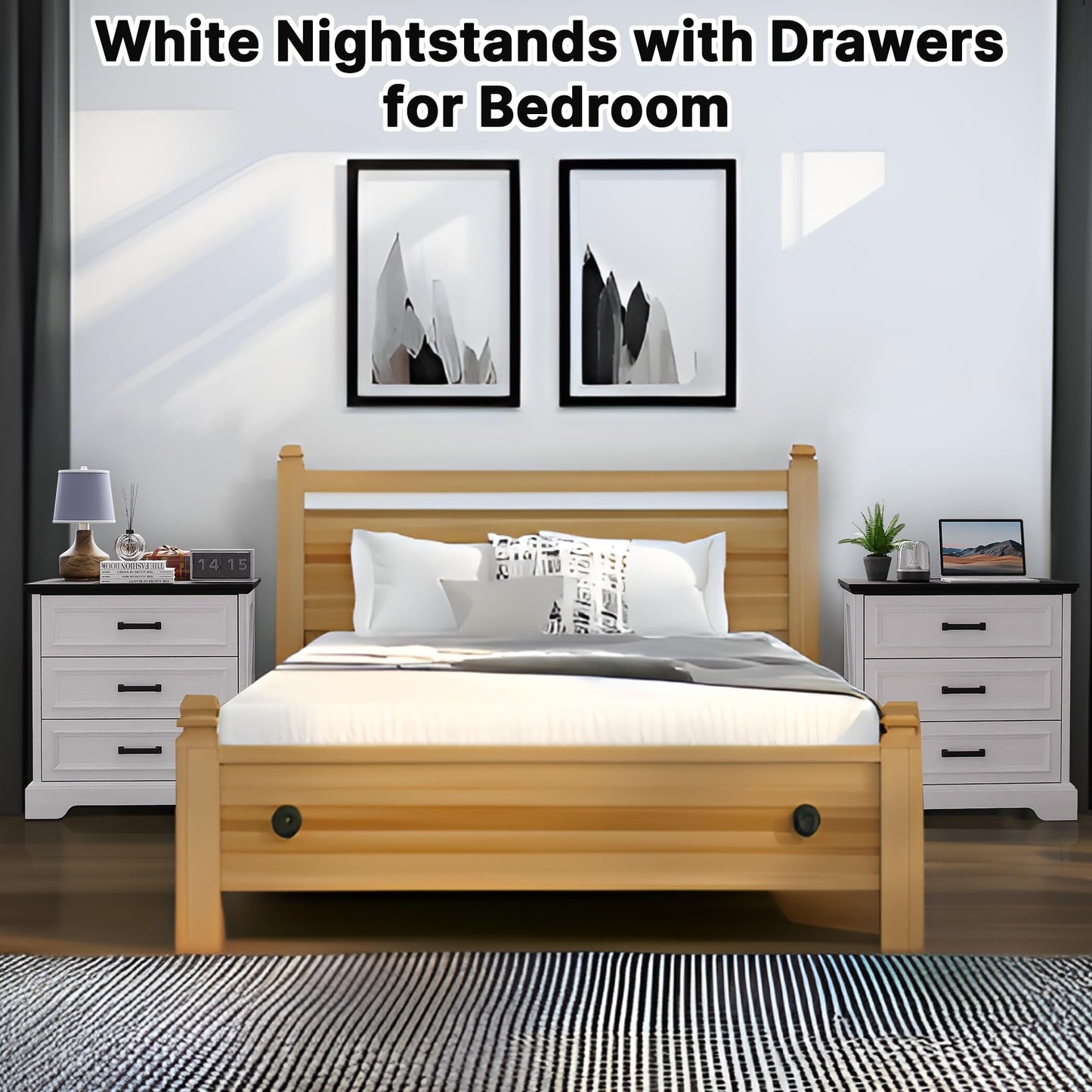 Farmhouse Bedside Nightstand with USB & Charging Station, 22” Wide Rustic Wood Nightstands with 3 Drawers – Small Dresser Chest for Bedroom, Living Room or Closet, Off White (1Pieces)