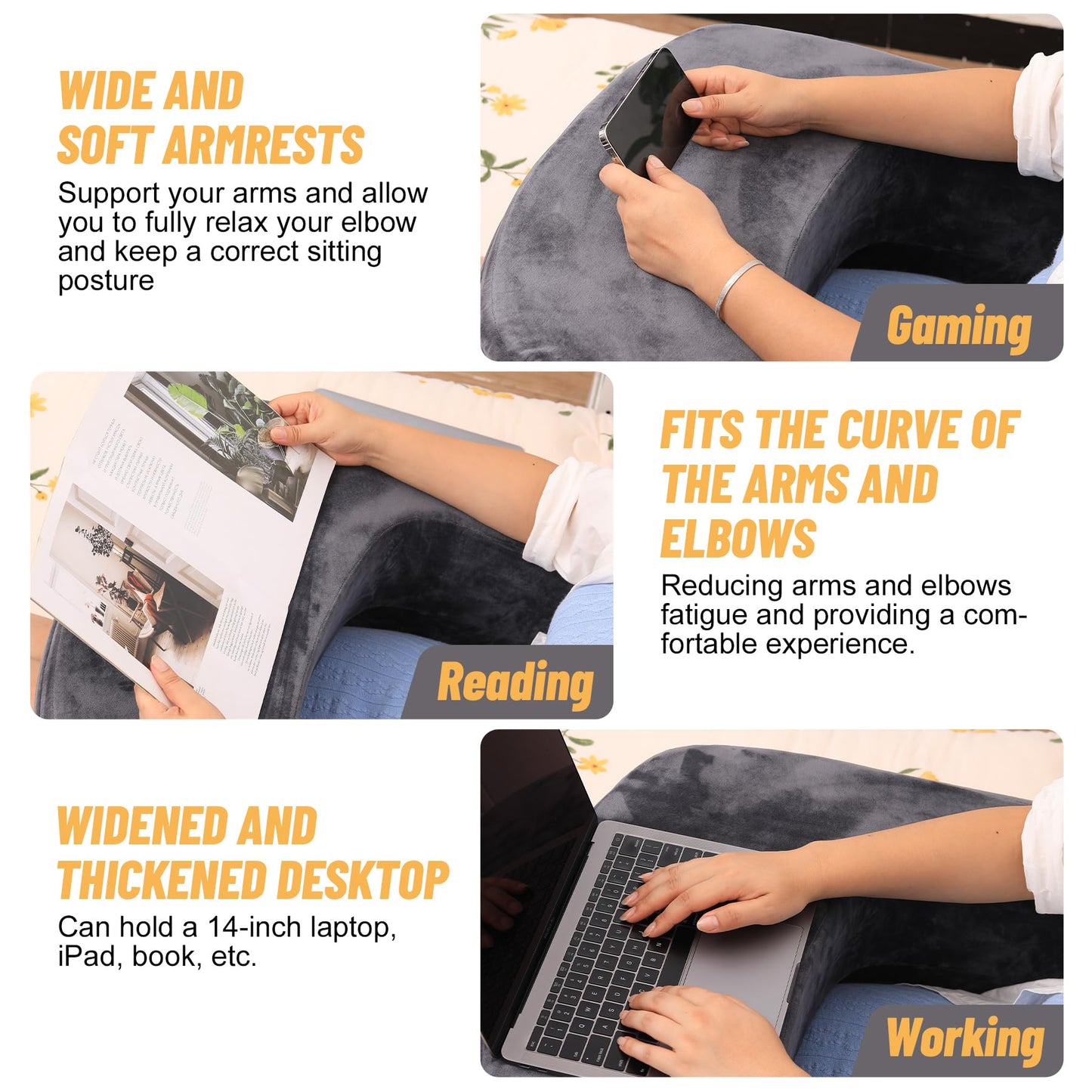 KKdema Reading Pillow & Gaming Pillow for Lap, Lap Desk Pillow for Gaming with Coaster, Soft Arm Rest Pillow for Adult, Memory Foam Rest Pillows for Reading, Working, Sitting in Floor Sofa, Grey
