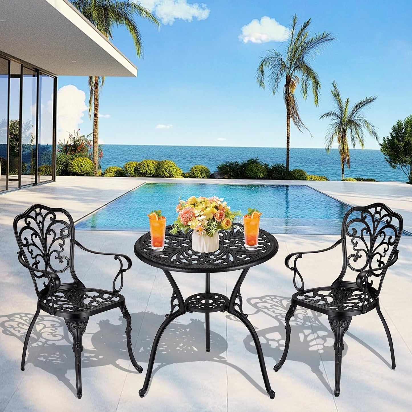 GarveeHome 3 Piece Outdoor Bistro Set, Cast Aluminum Patio Table and Chairs Set of 2 with Umbrella Hole, Rust-Resistant All Weather Balcony Furniture for Backyard, Porch, Black