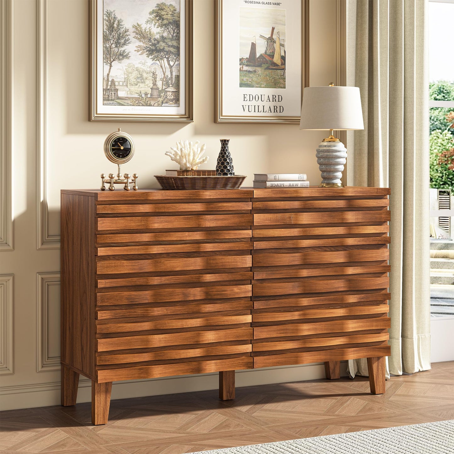 Lamohome Mid Century Modern 6-Drawer Dresser – Solid Wood Fronts, 47" Chest of Drawers with Fluted Design for Bedroom & Living Room, Natural Wood Finish