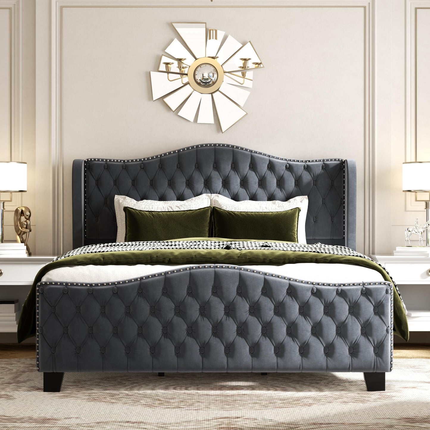 King Size Bed Frame with 51-inch Tall Camelback Headboard, Velvet Upholstered Platform Bed with Deep Button Tufted Footboard & Nailhead Trim Wingback Grey